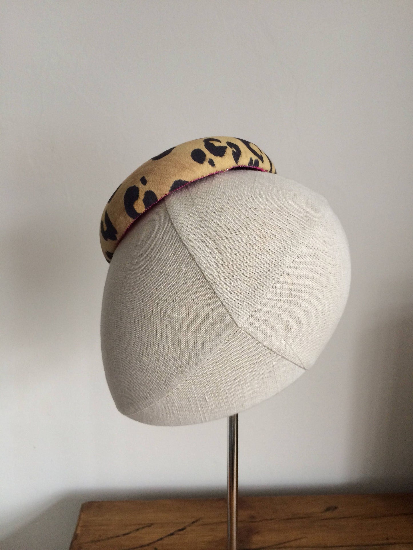 Leopard Print Cocktail Hat Hand Blocked Faux Suede Mini Pillbox Hat Fascinator