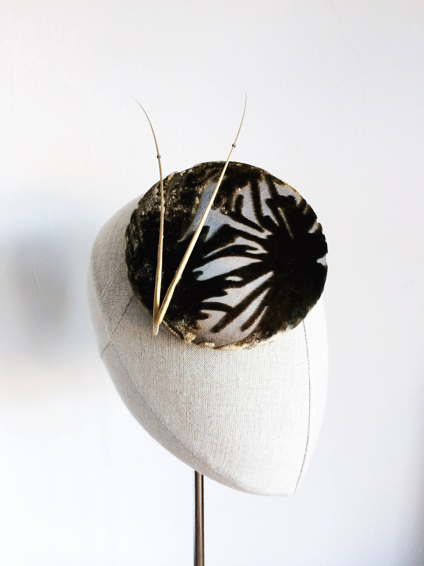 Gold Silk Devore Burnt Out Velvet Cocktail Hat Hand Blocked Mini Pillbox Hat Fascinator