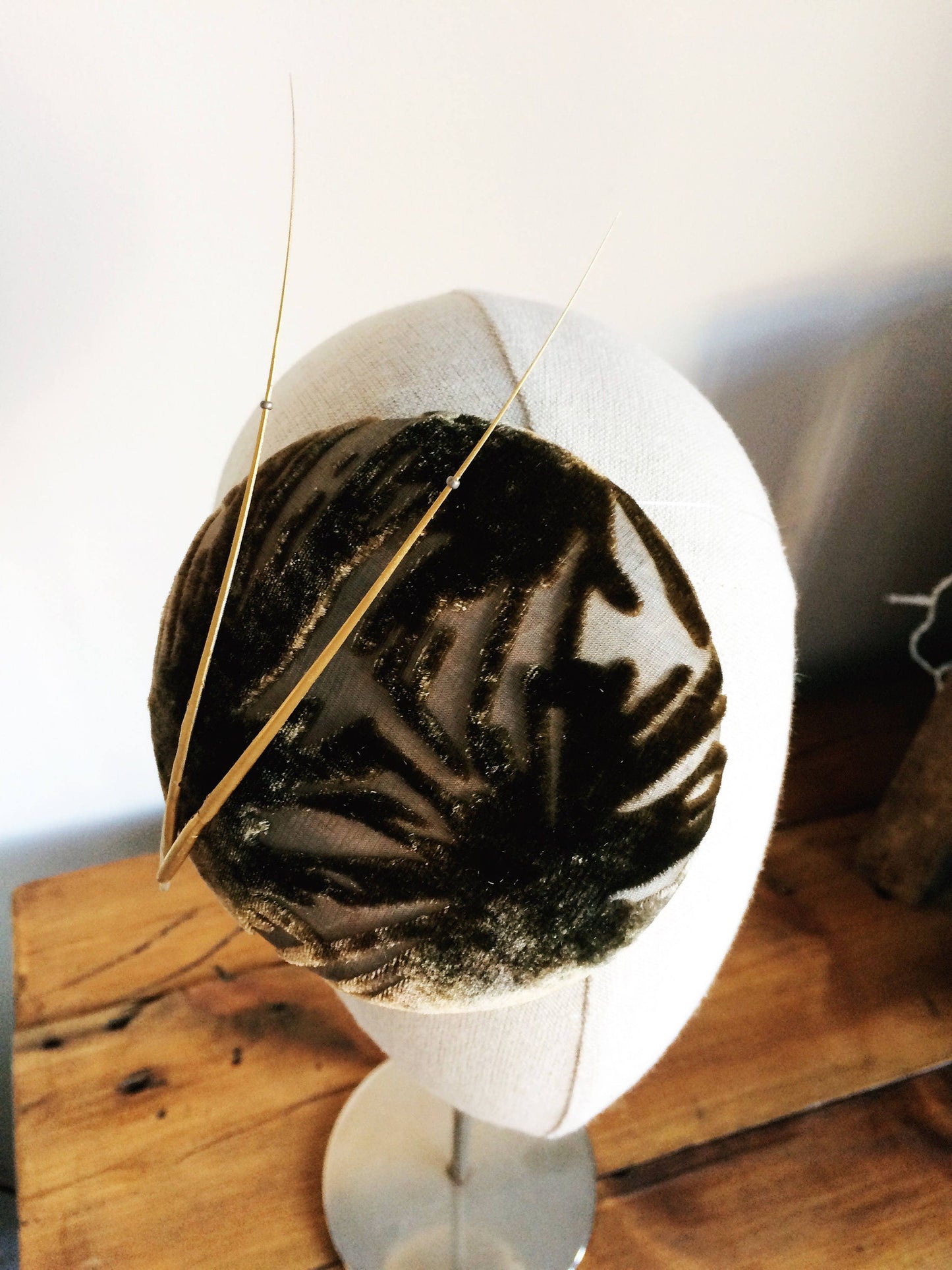 Gold Silk Devore Burnt Out Velvet Cocktail Hat Hand Blocked Mini Pillbox Hat Fascinator