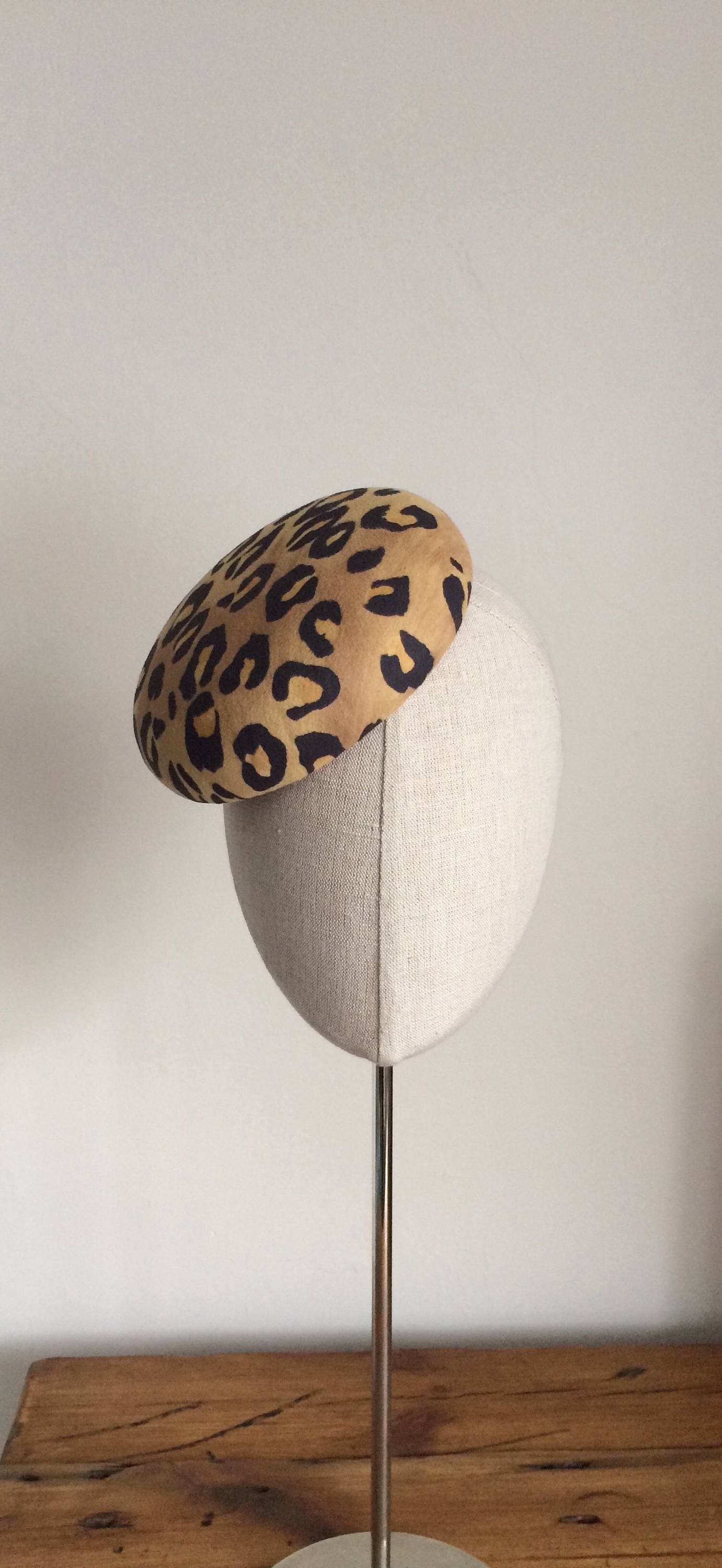 Leopard Print Cocktail Hat Hand Blocked Faux Suede Mini Pillbox Hat Fascinator