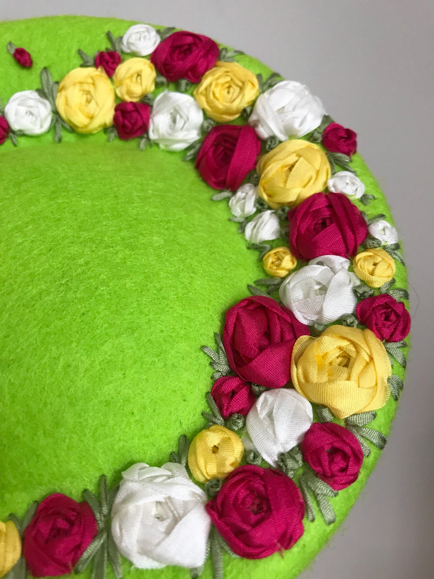 Green Wool Cocktail Hat Silk Rose Raked Pork Pie Fascinator