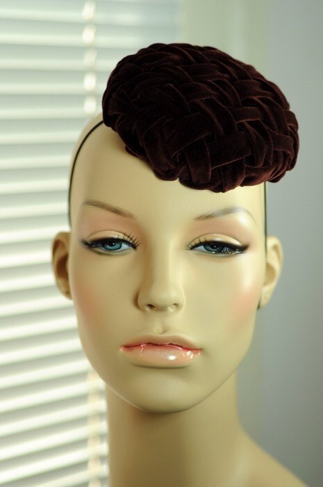 Chocolate Velvet Lattice Smocked Mini Hat Fascinator Very Vintage