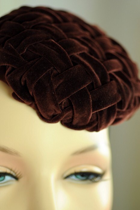 Chocolate Velvet Lattice Smocked Mini Hat Fascinator Very Vintage