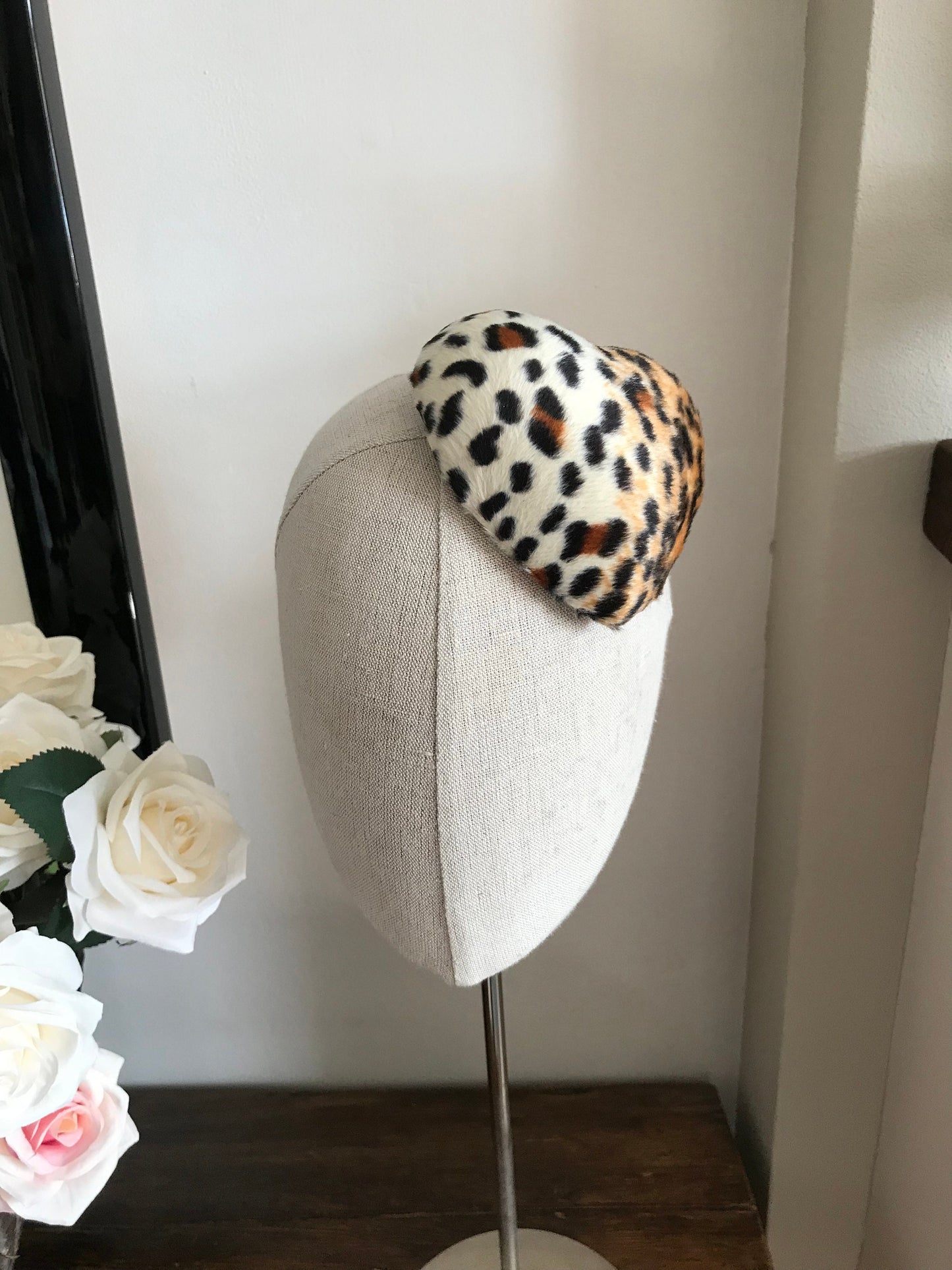 Mini Leopard Print Heart Cocktail Hat Faux Fur Millinery Fascinator
