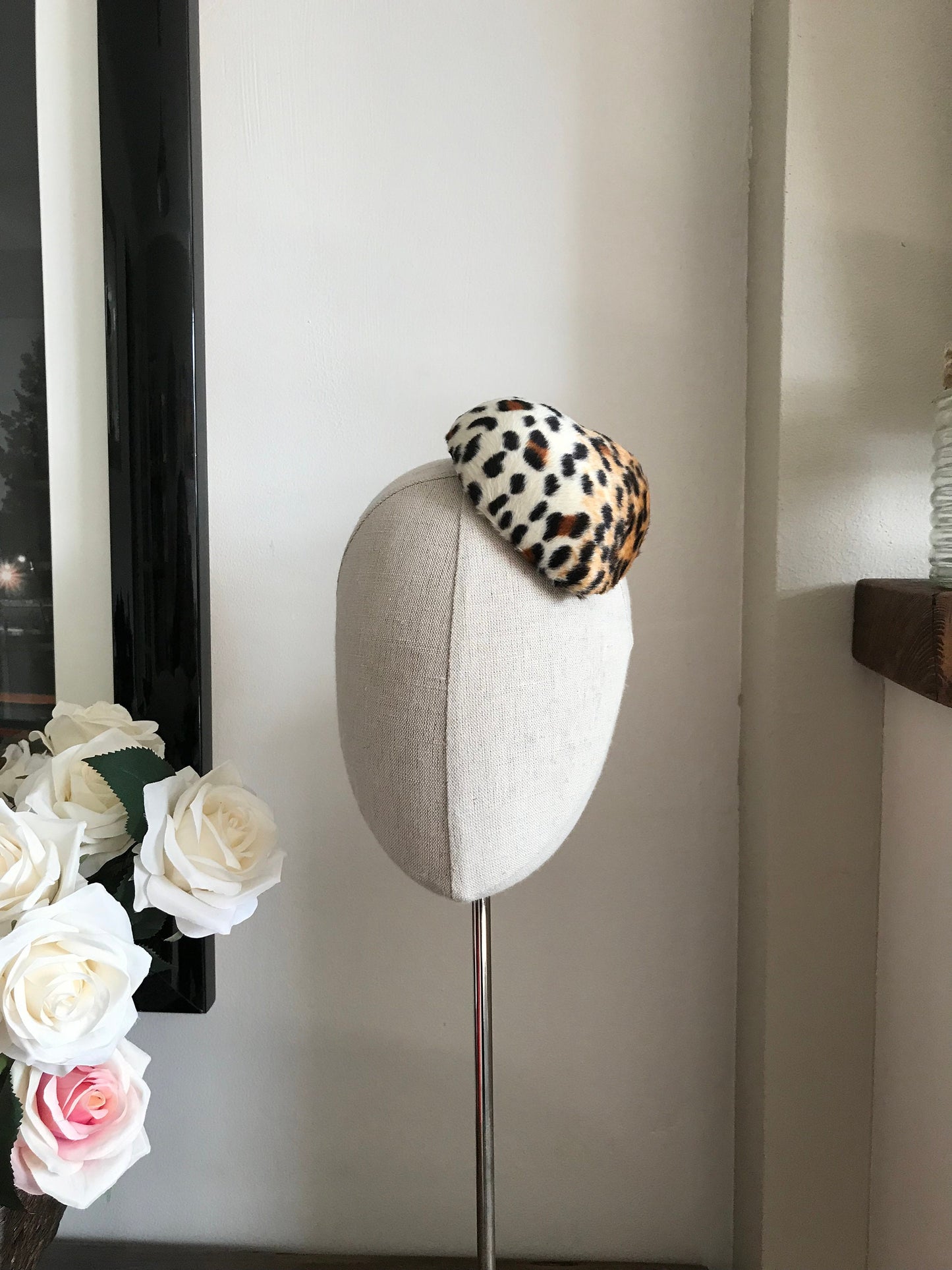 Mini Leopard Print Heart Cocktail Hat Faux Fur Millinery Fascinator