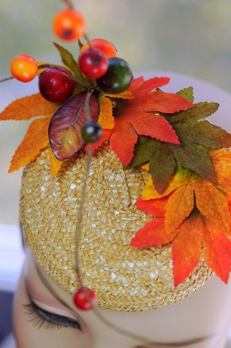 Fall Leaves Straw Hat Mini Cocktail Millinery Fascinator