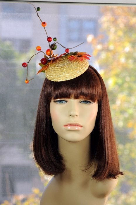 Fall Leaves Straw Hat Mini Cocktail Millinery Fascinator