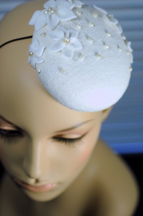 Winter Bride-Ivory and White Hand blocked Mini Hat Fascinator
