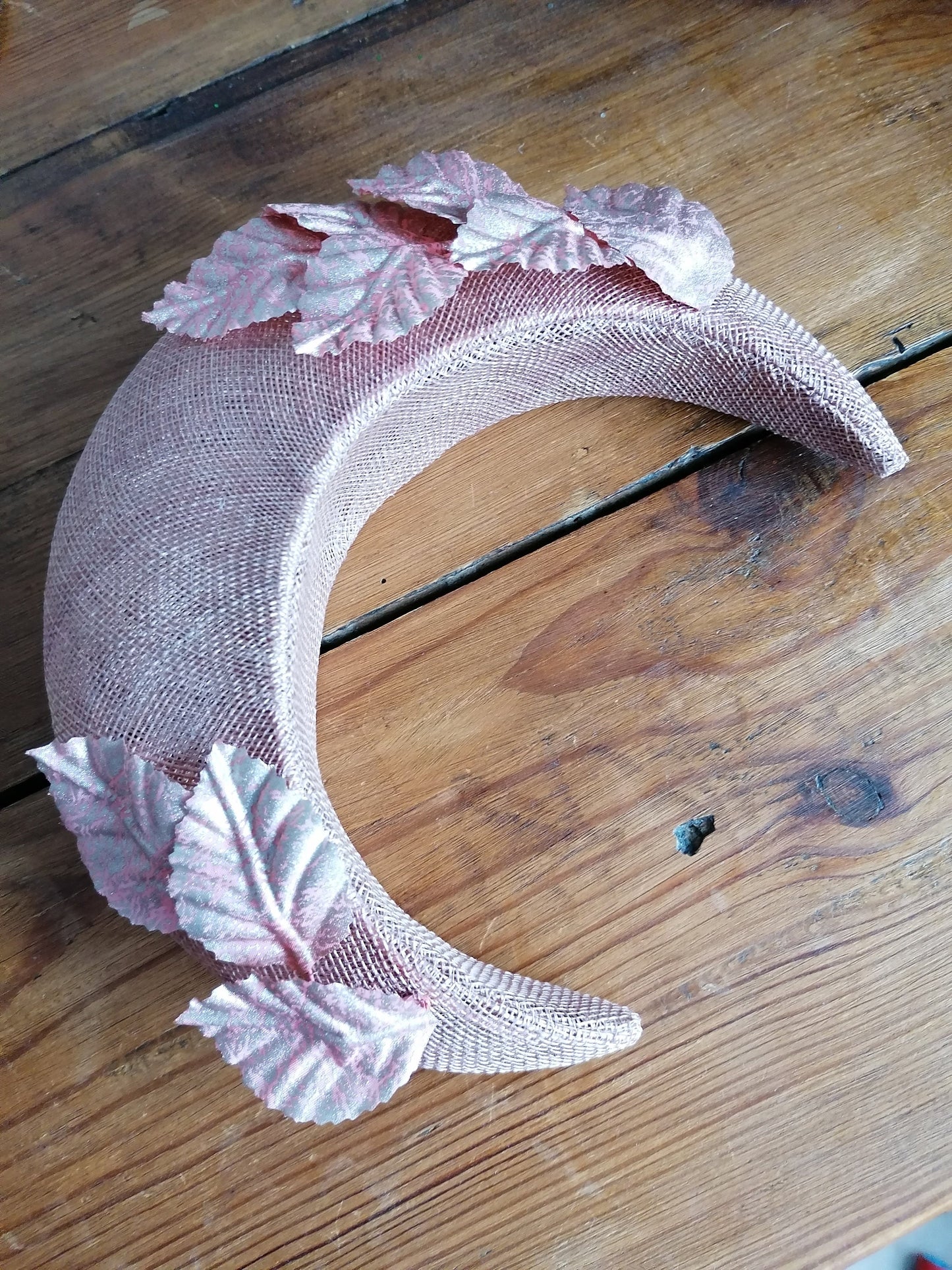 Gilded Leaves Copper Straw Halo Cocktail Hat Sinamay Bandeau Crown Millinery