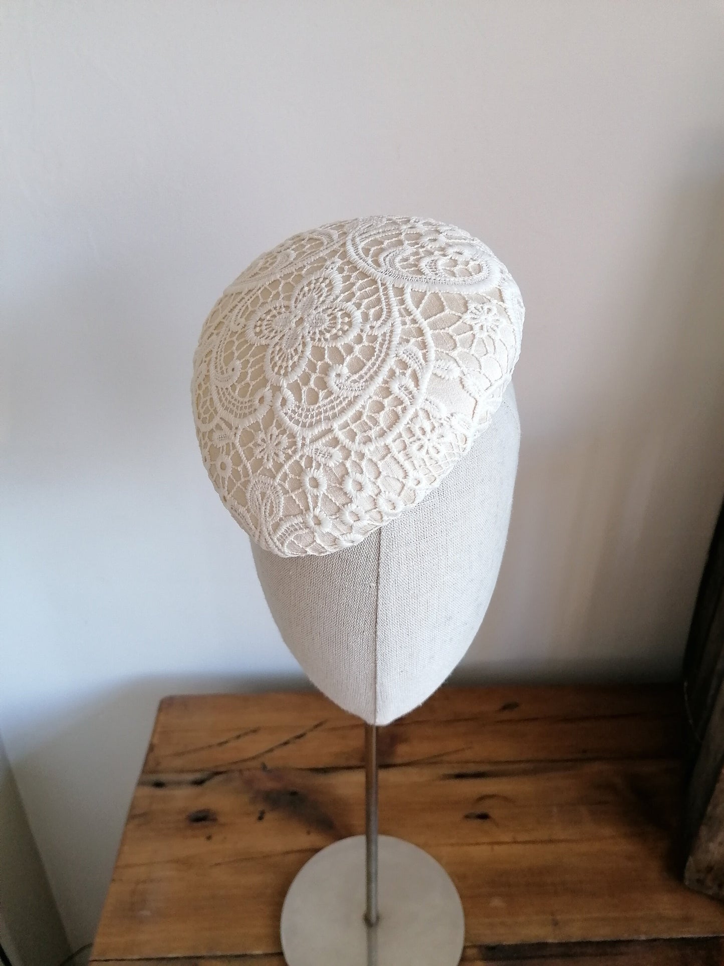 Cream Bridal Lace Cocktail Hat Hand Blocked Slouch Beret Millinery
