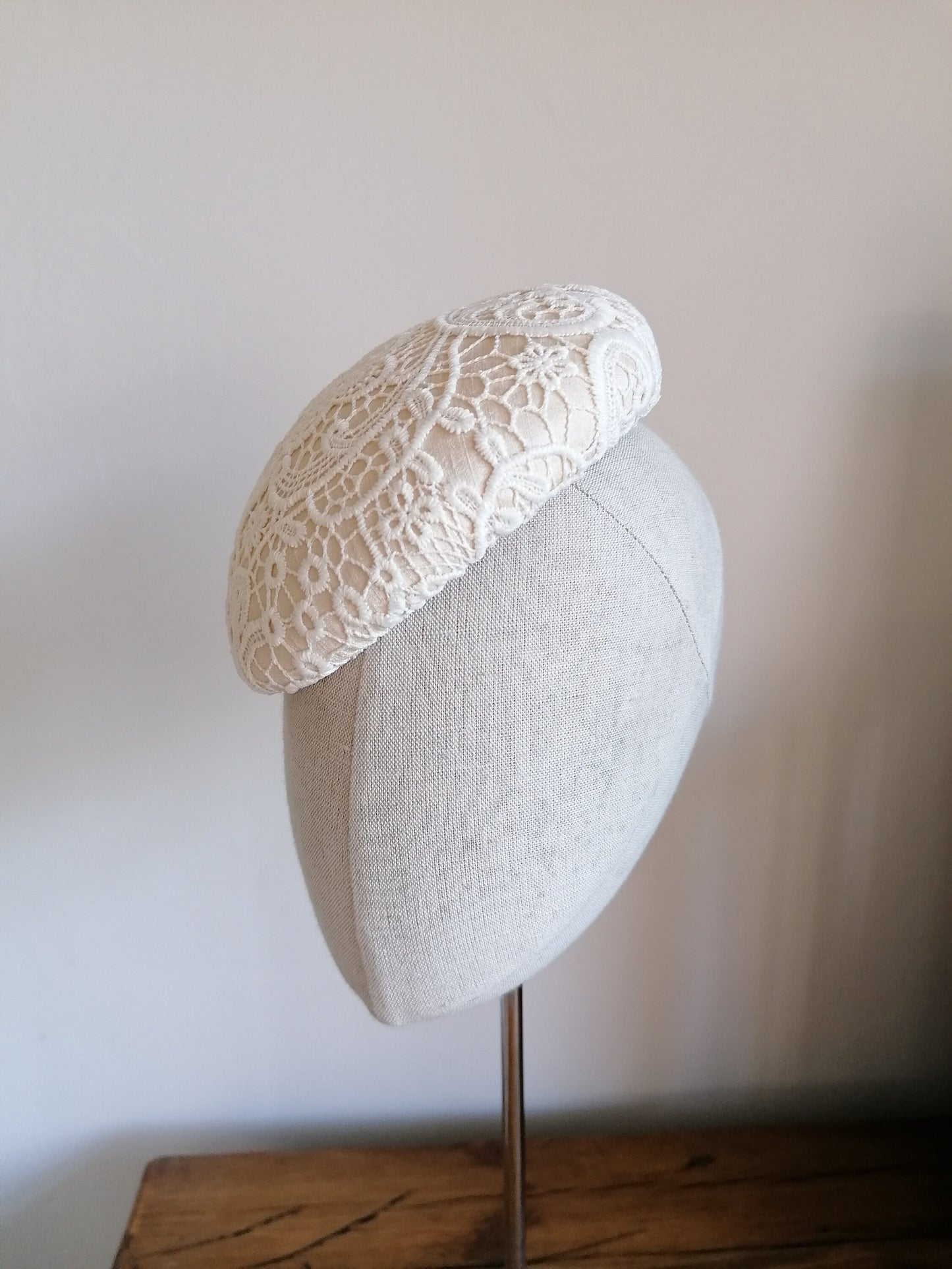 Cream Bridal Lace Cocktail Hat Hand Blocked Slouch Beret Millinery