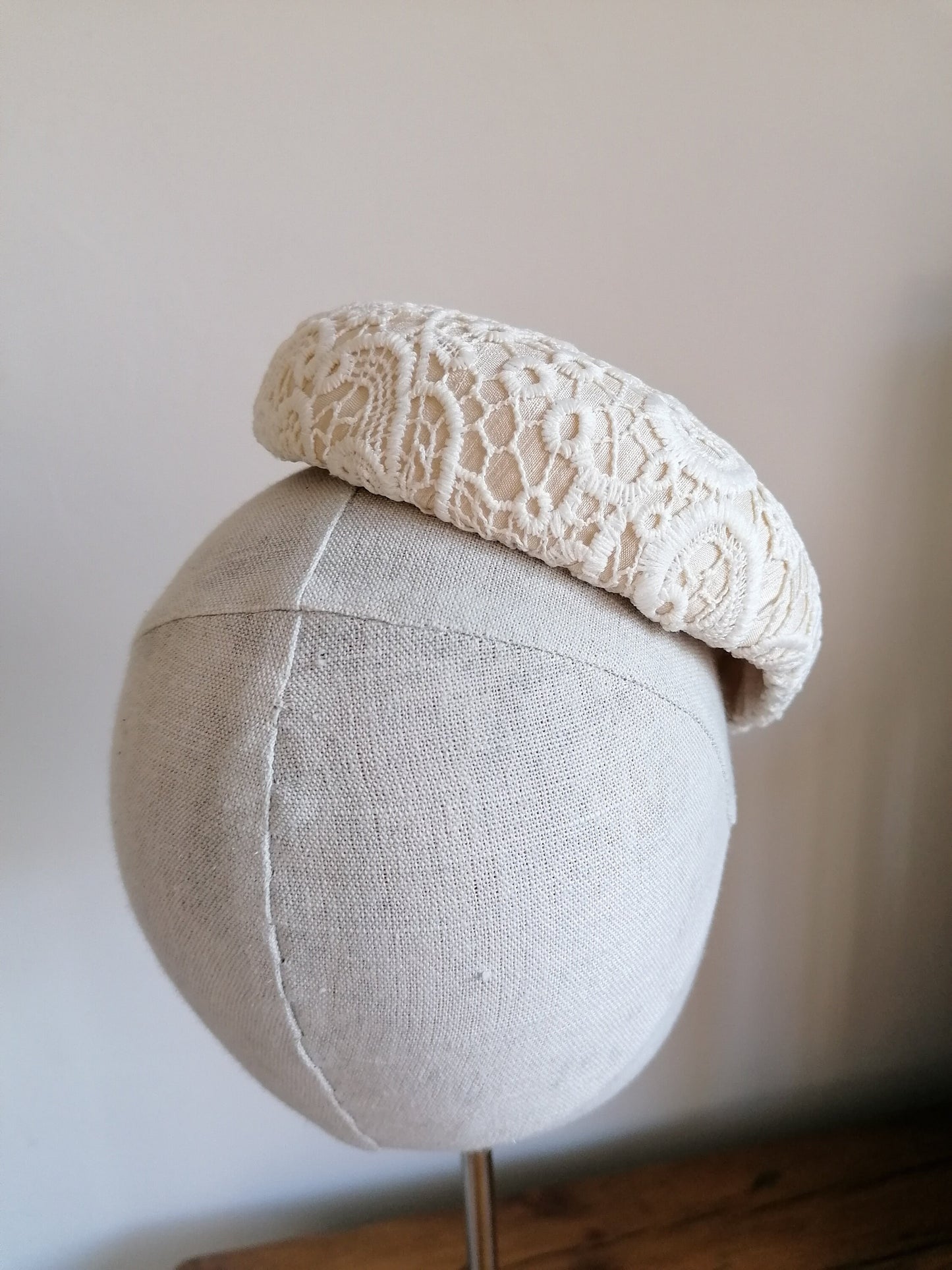 Cream Bridal Lace Cocktail Hat Hand Blocked Slouch Beret Millinery