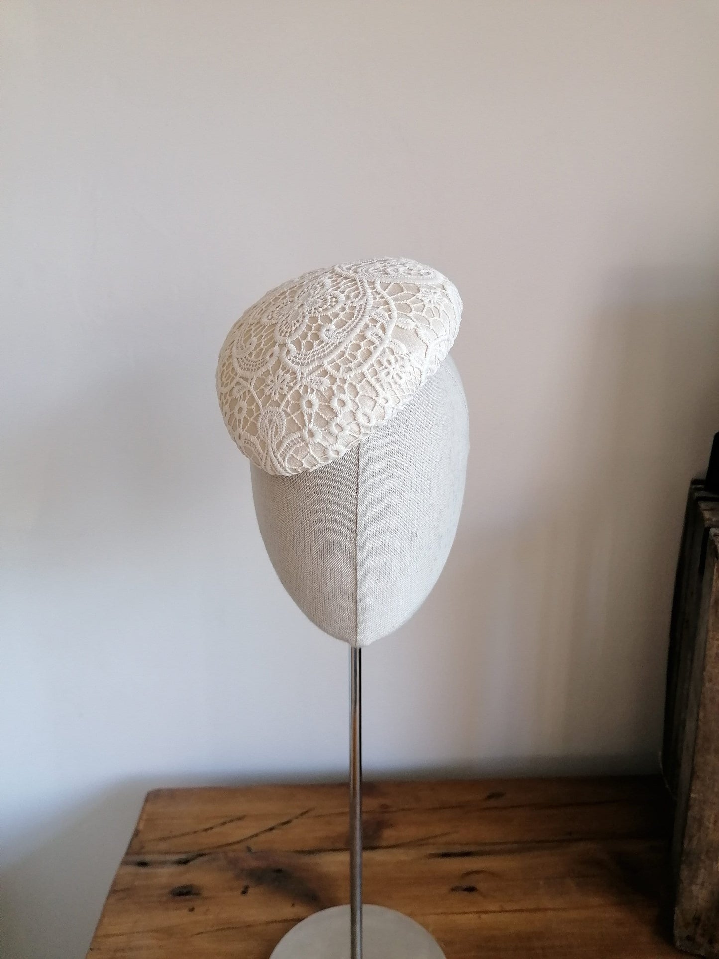 Cream Bridal Lace Cocktail Hat Hand Blocked Slouch Beret Millinery