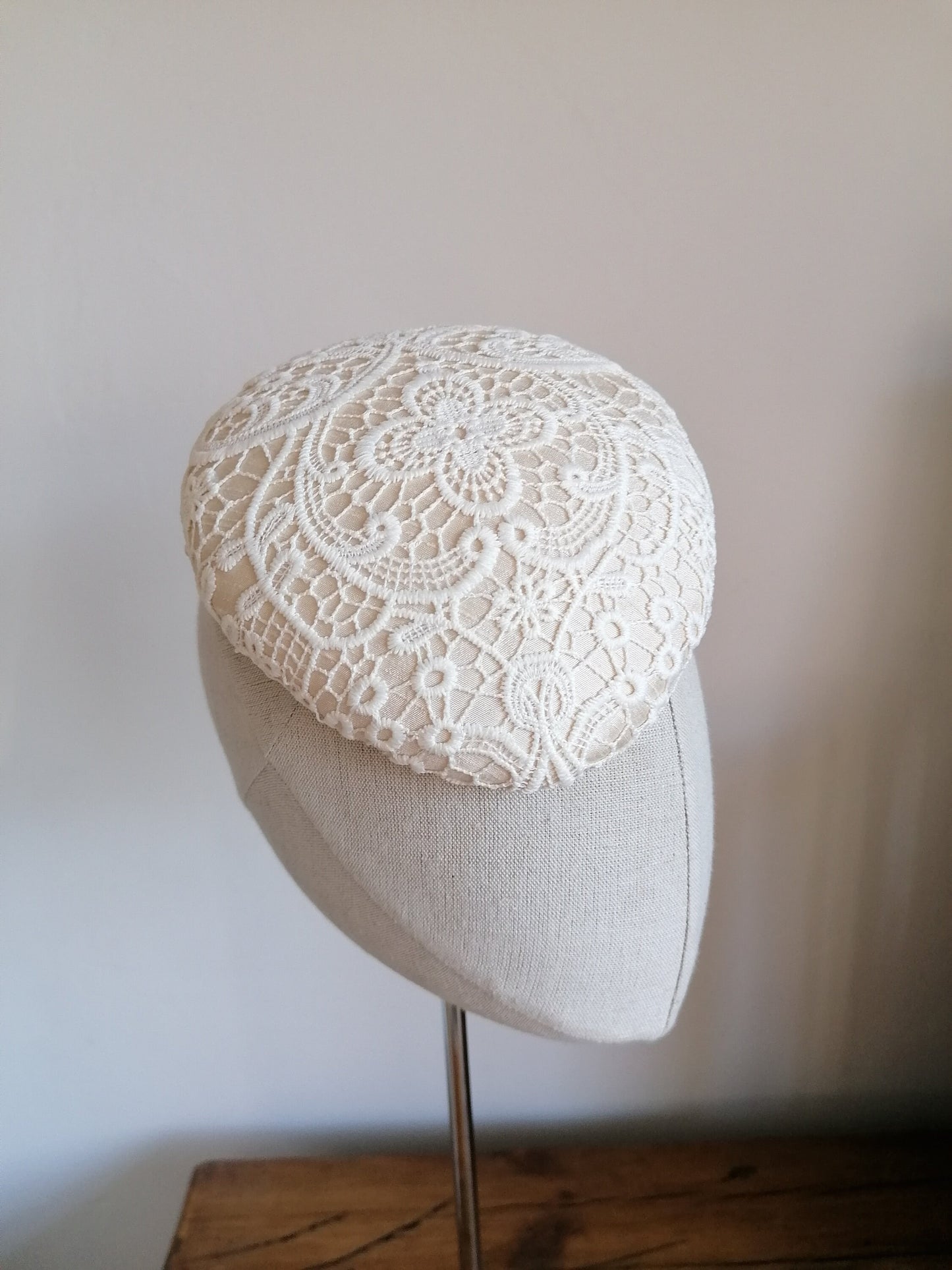 Cream Bridal Lace Cocktail Hat Hand Blocked Slouch Beret Millinery