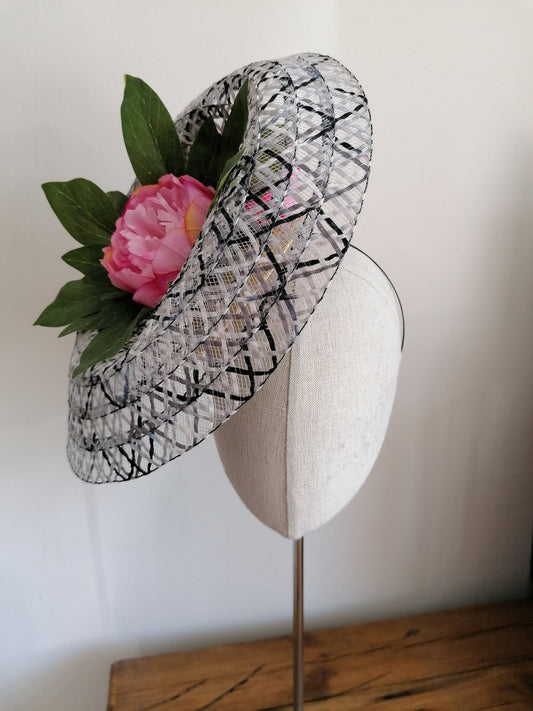 Black and White Straw Saucer Cocktail Hat Derby Millinery