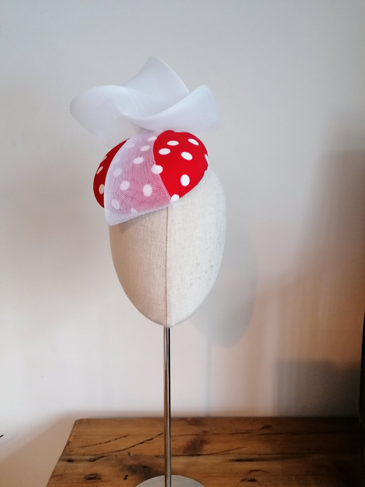 Red and White Spot Cocktail Hat Hand Blocked Mini Hat White Crin Swirl Millinery
