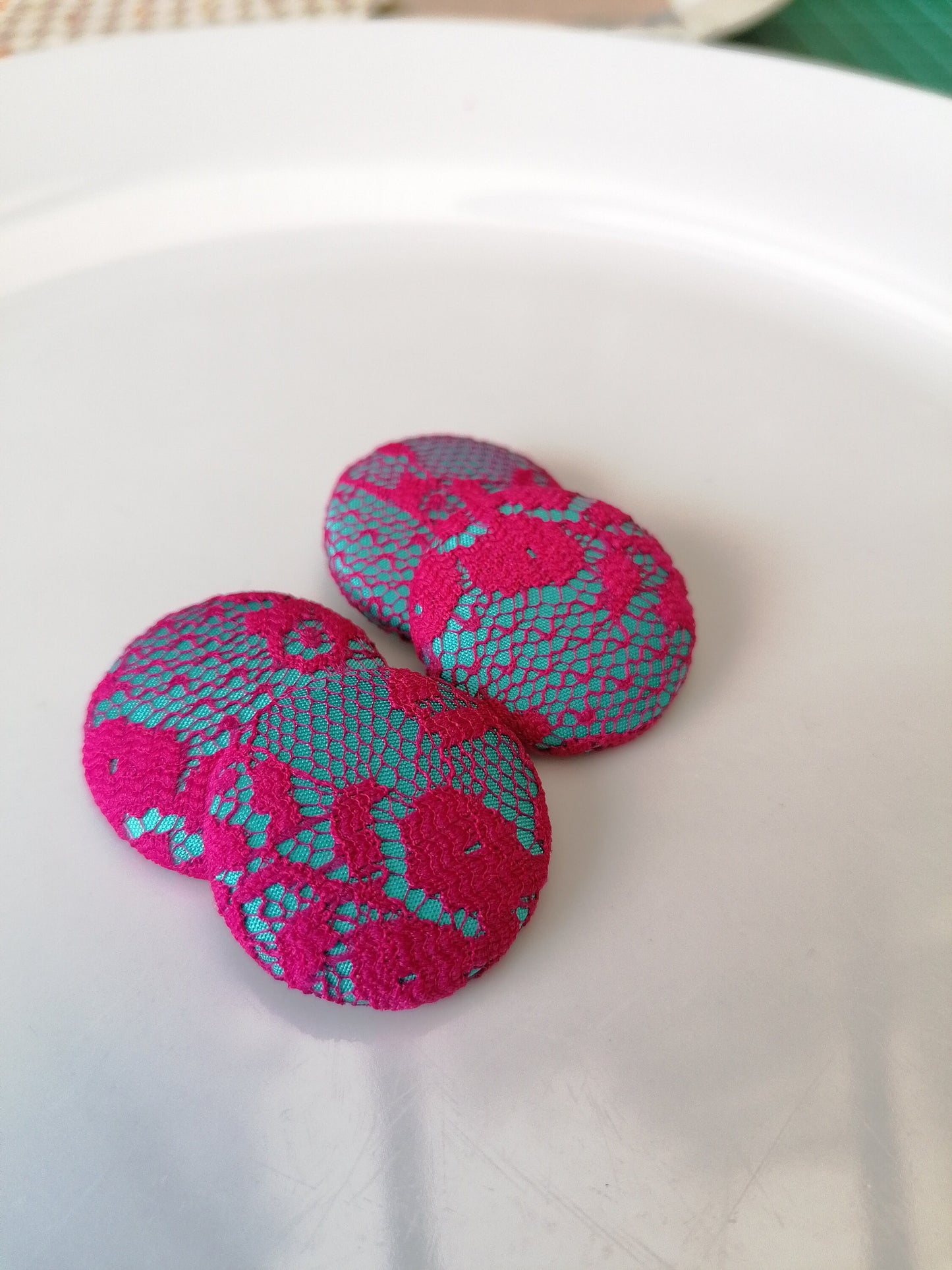 Turquoise Blue and Hot Pink Buttons Silk with Lace Overlay