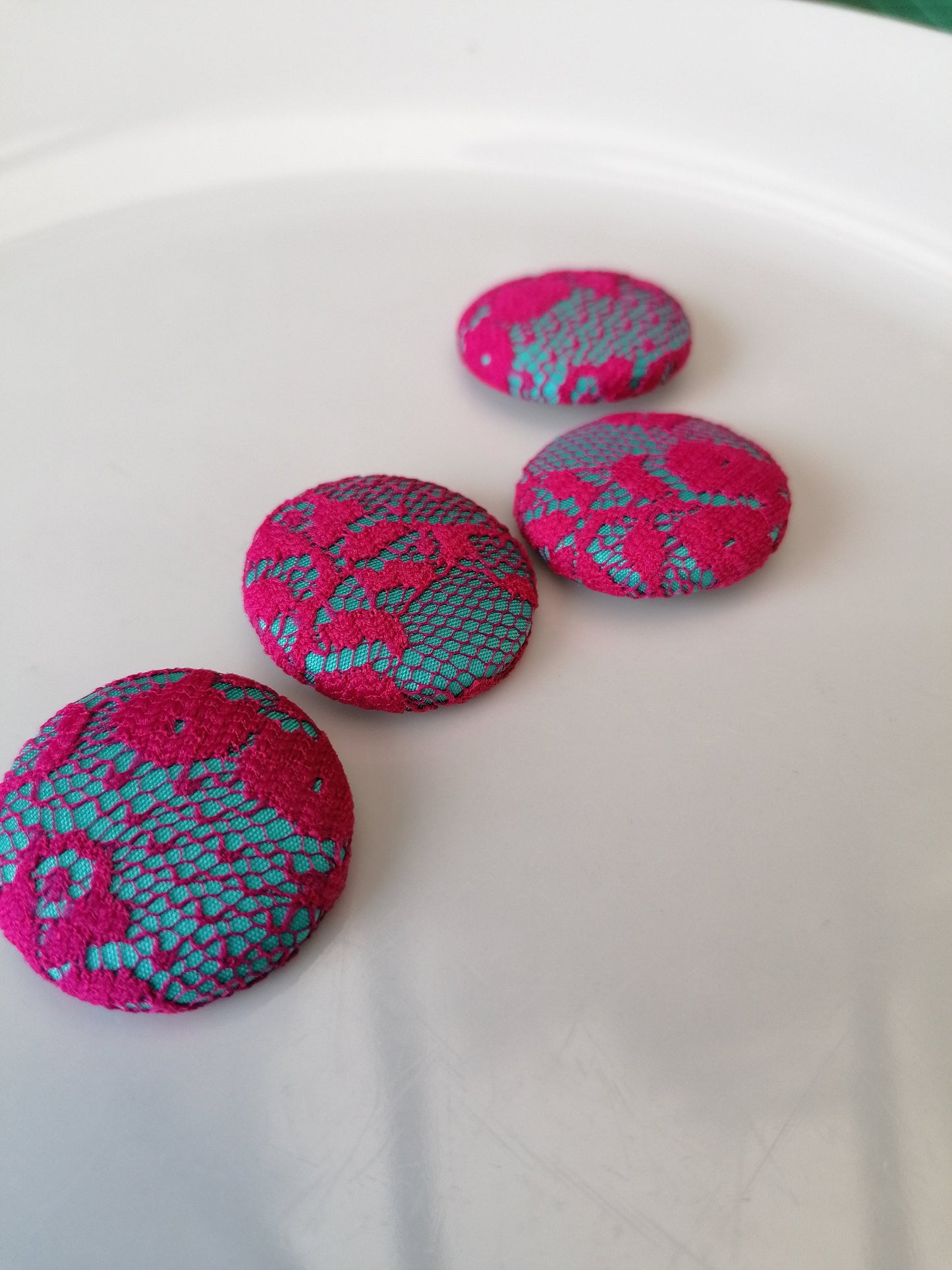 Turquoise Blue and Hot Pink Buttons Silk with Lace Overlay