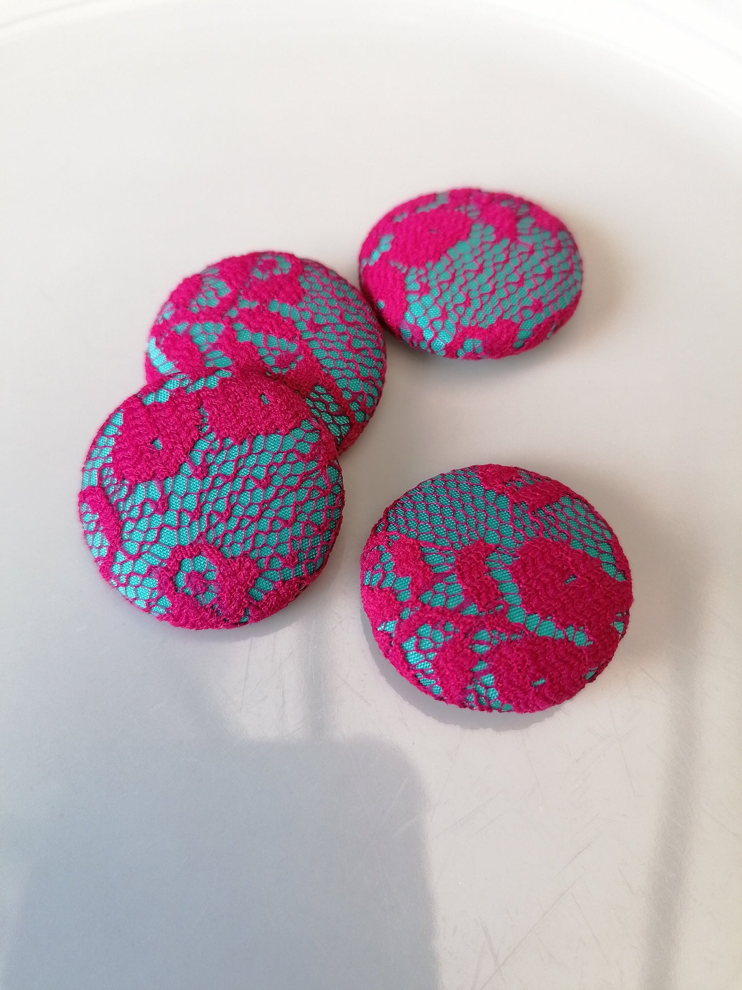 Turquoise Blue and Hot Pink Buttons Silk with Lace Overlay
