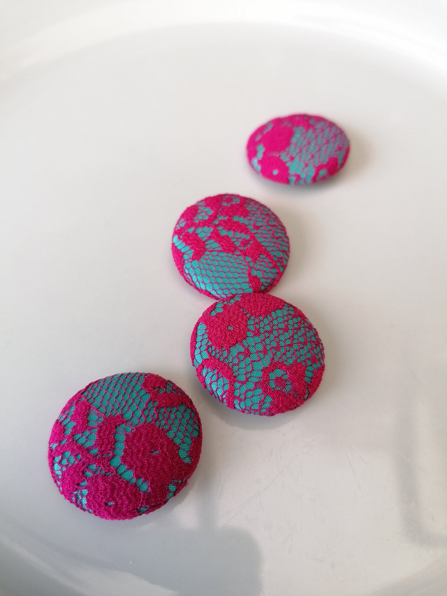 Turquoise Blue and Hot Pink Buttons Silk with Lace Overlay