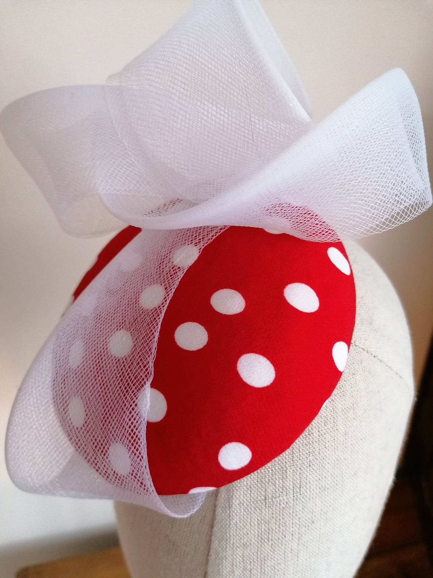 Red and White Spot Cocktail Hat Hand Blocked Mini Hat White Crin Swirl Millinery