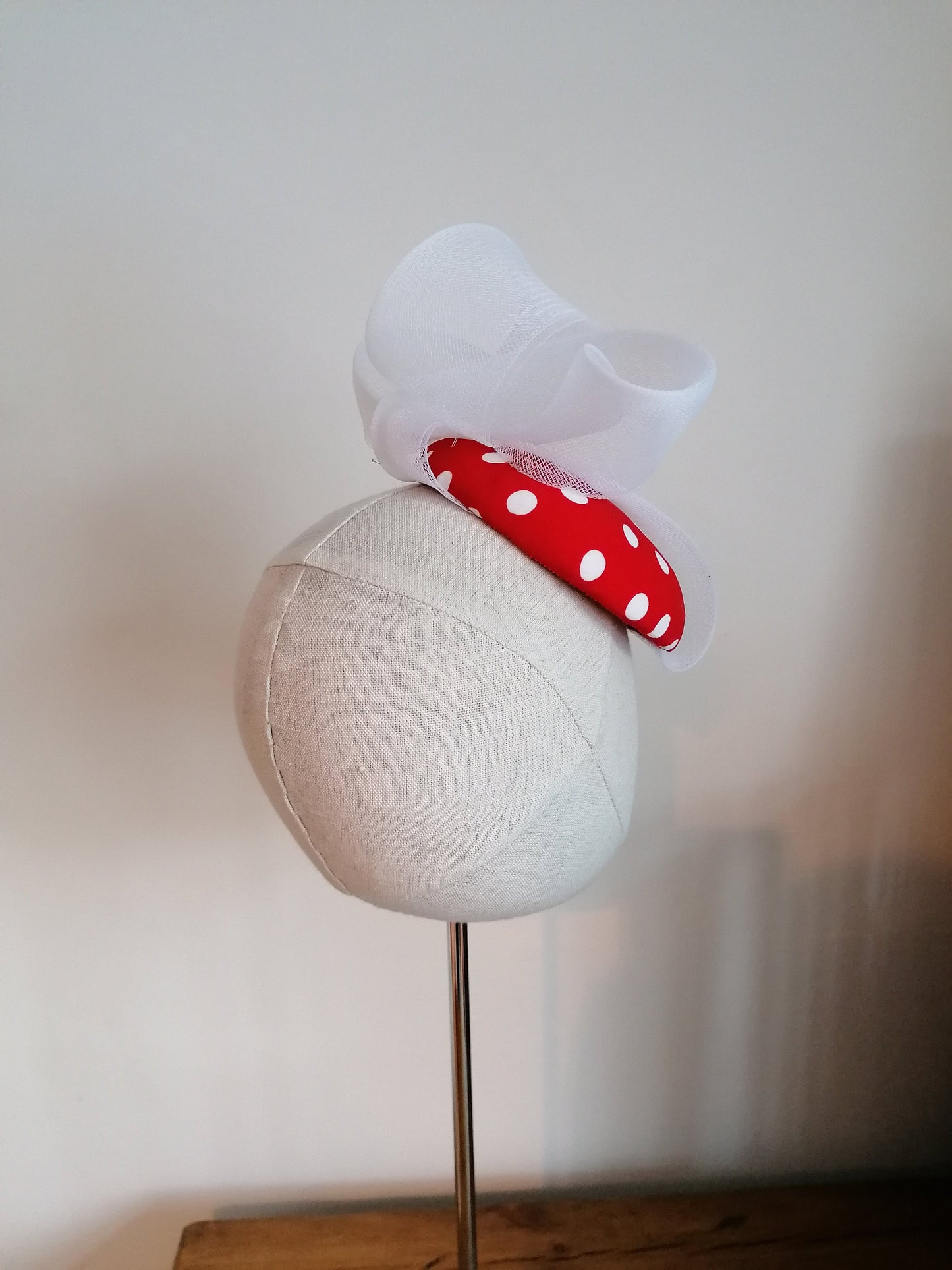 Red and White Spot Cocktail Hat Hand Blocked Mini Hat White Crin Swirl Millinery