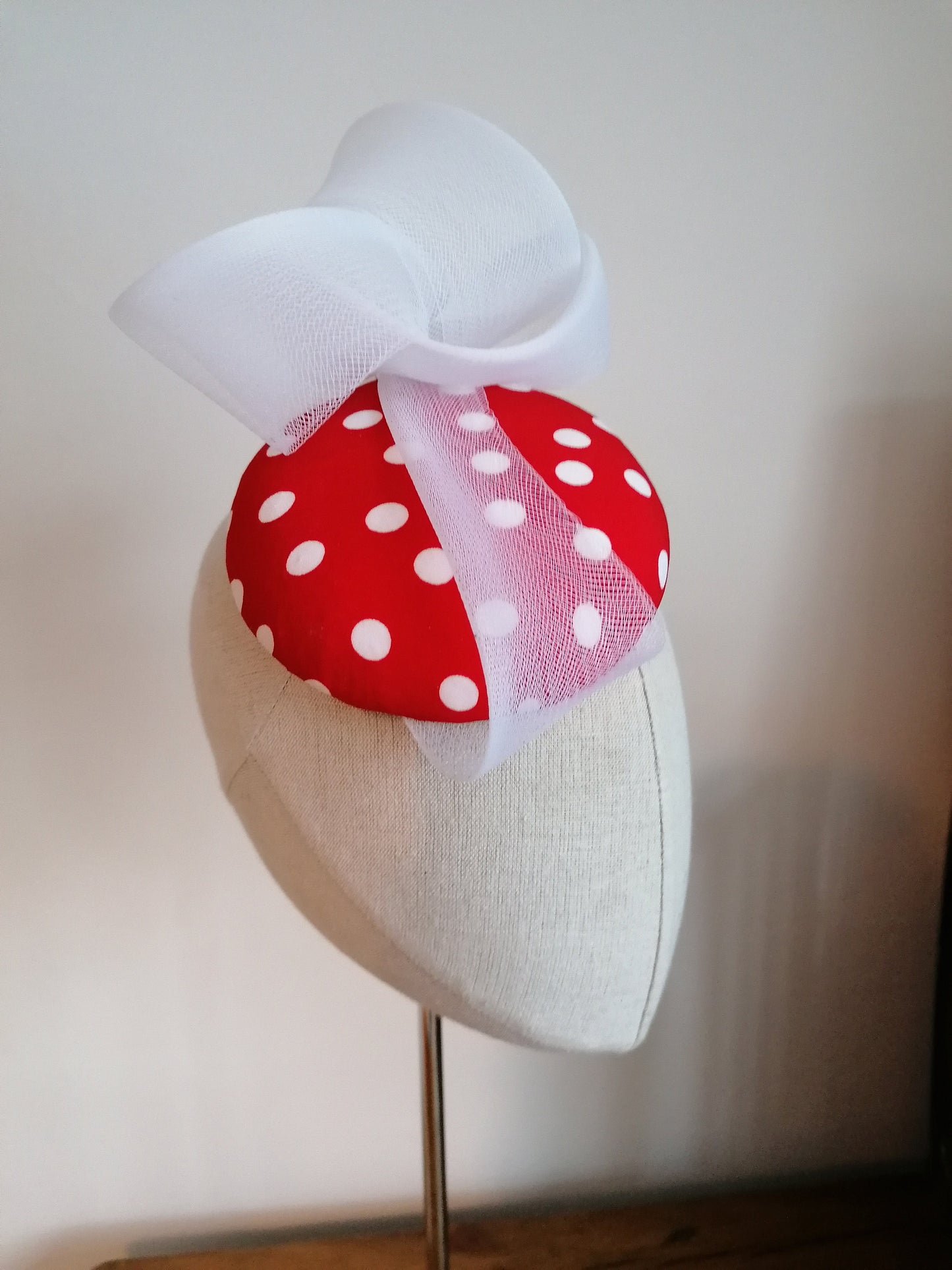 Red and White Spot Cocktail Hat Hand Blocked Mini Hat White Crin Swirl Millinery
