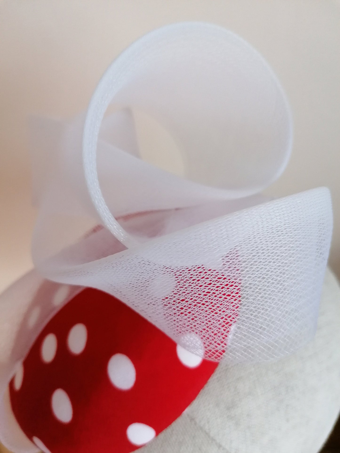 Red and White Spot Cocktail Hat Hand Blocked Mini Hat White Crin Swirl Millinery