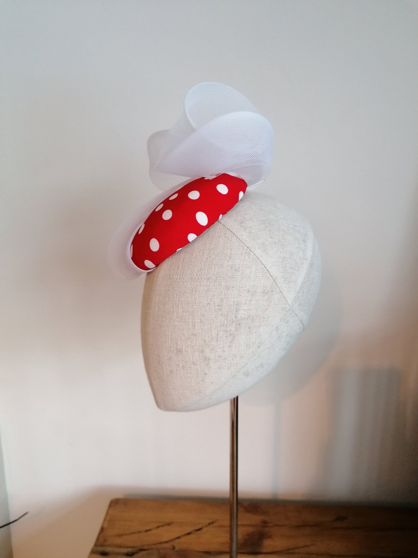 Red and White Spot Cocktail Hat Hand Blocked Mini Hat White Crin Swirl Millinery