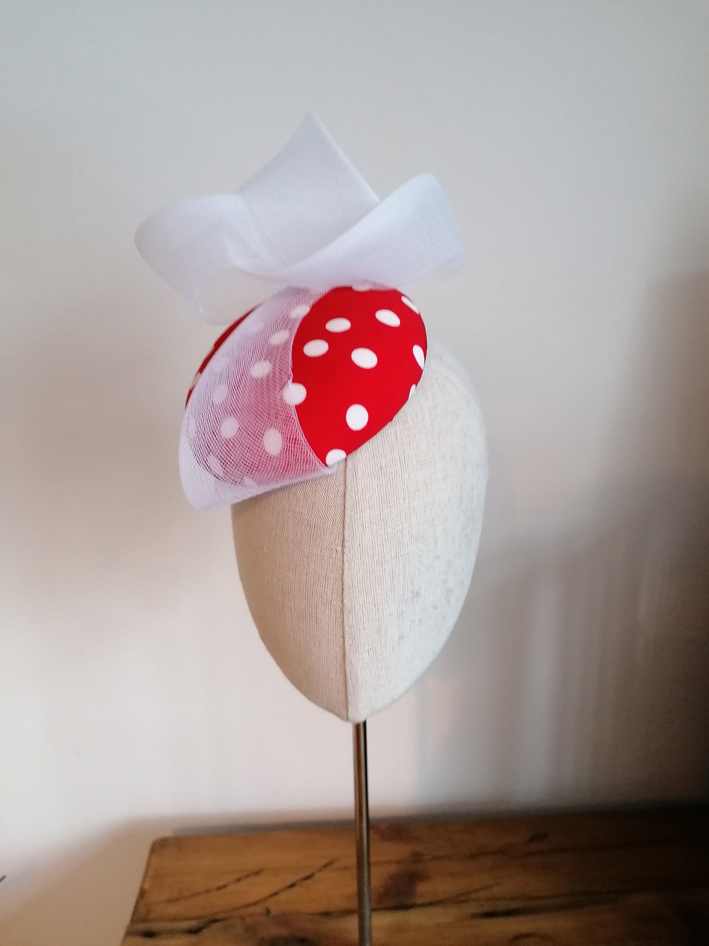 Red and White Spot Cocktail Hat Hand Blocked Mini Hat White Crin Swirl Millinery