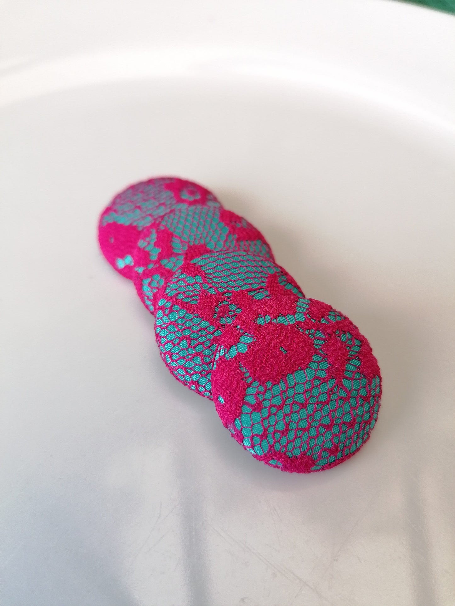 Turquoise Blue and Hot Pink Buttons Silk with Lace Overlay