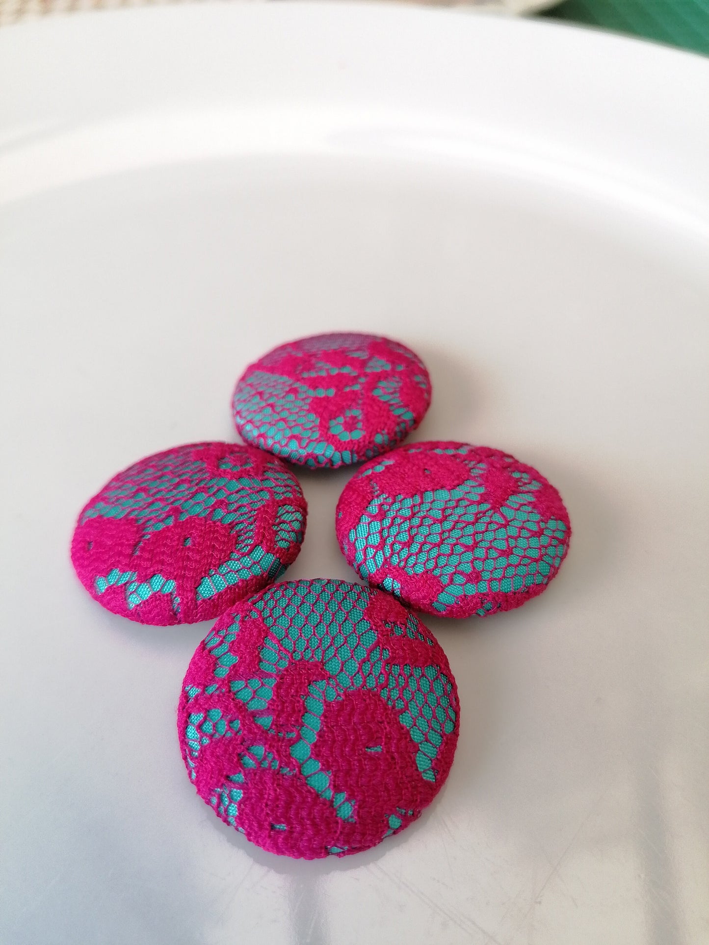 Turquoise Blue and Hot Pink Buttons Silk with Lace Overlay