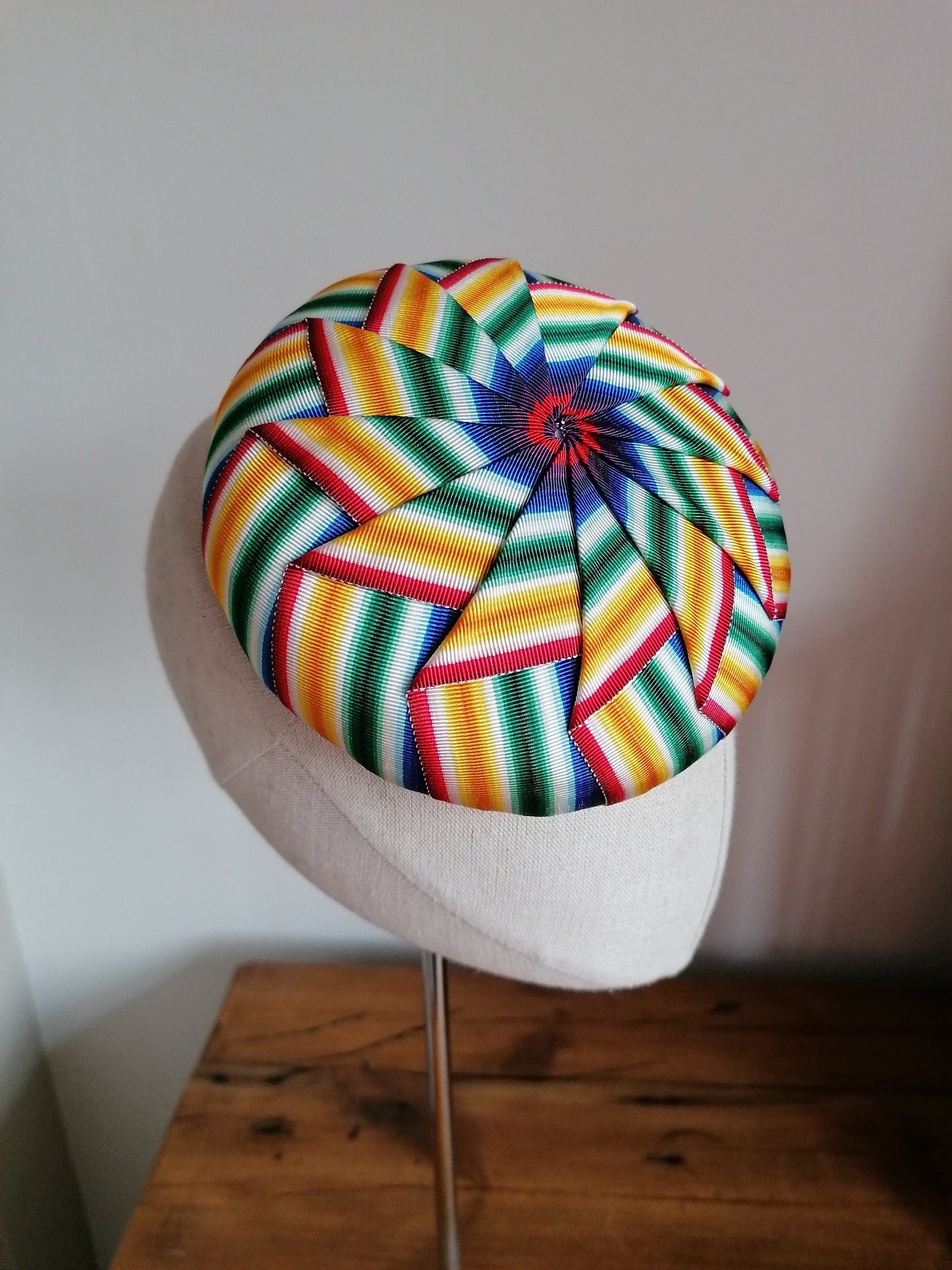 Rainbow Cockade Pleated Petersham Cocktail Hat Hand Blocked Mini Hat Millinery Fascinator