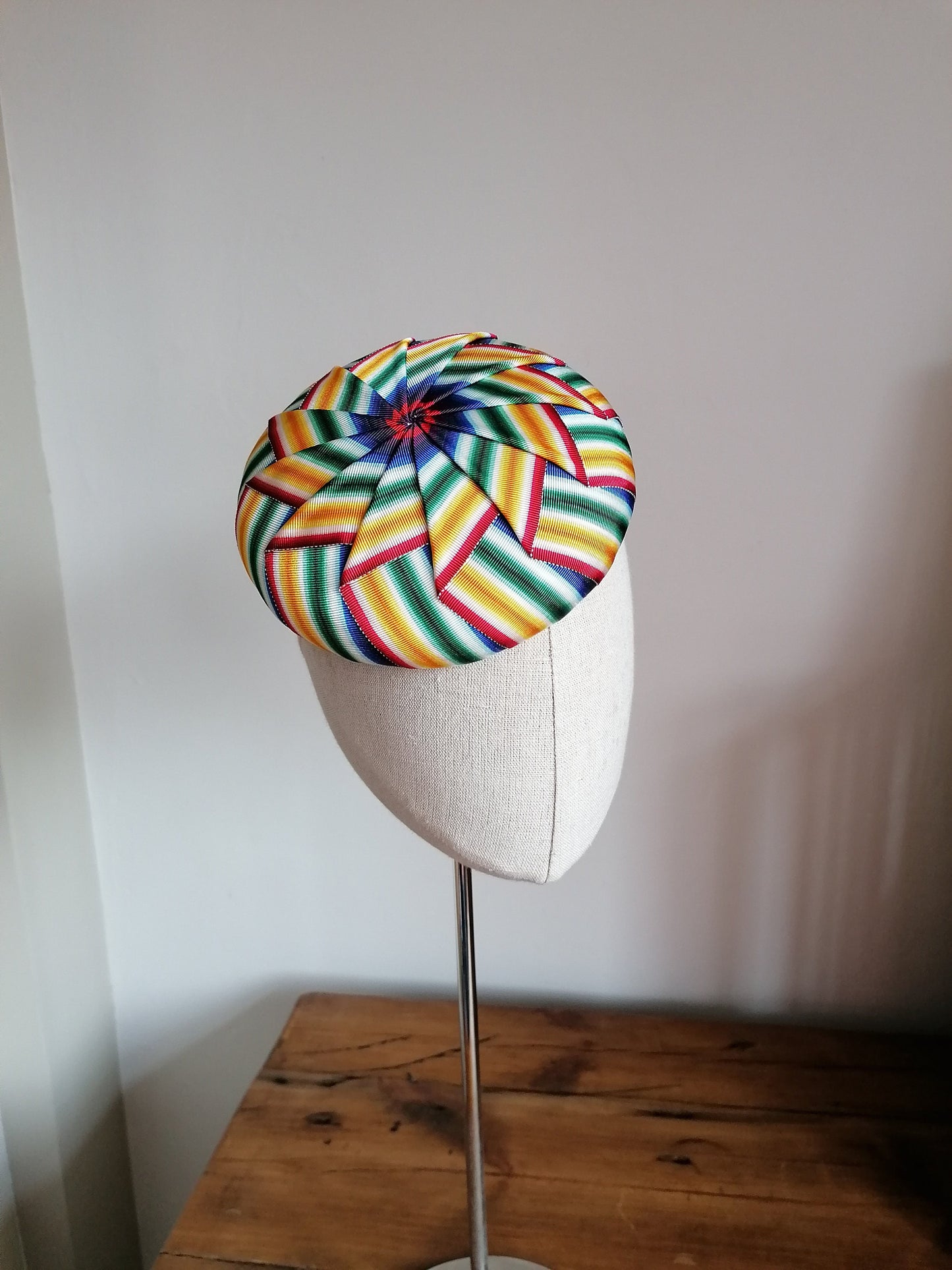 Rainbow Cockade Pleated Petersham Cocktail Hat Hand Blocked Mini Hat Millinery Fascinator