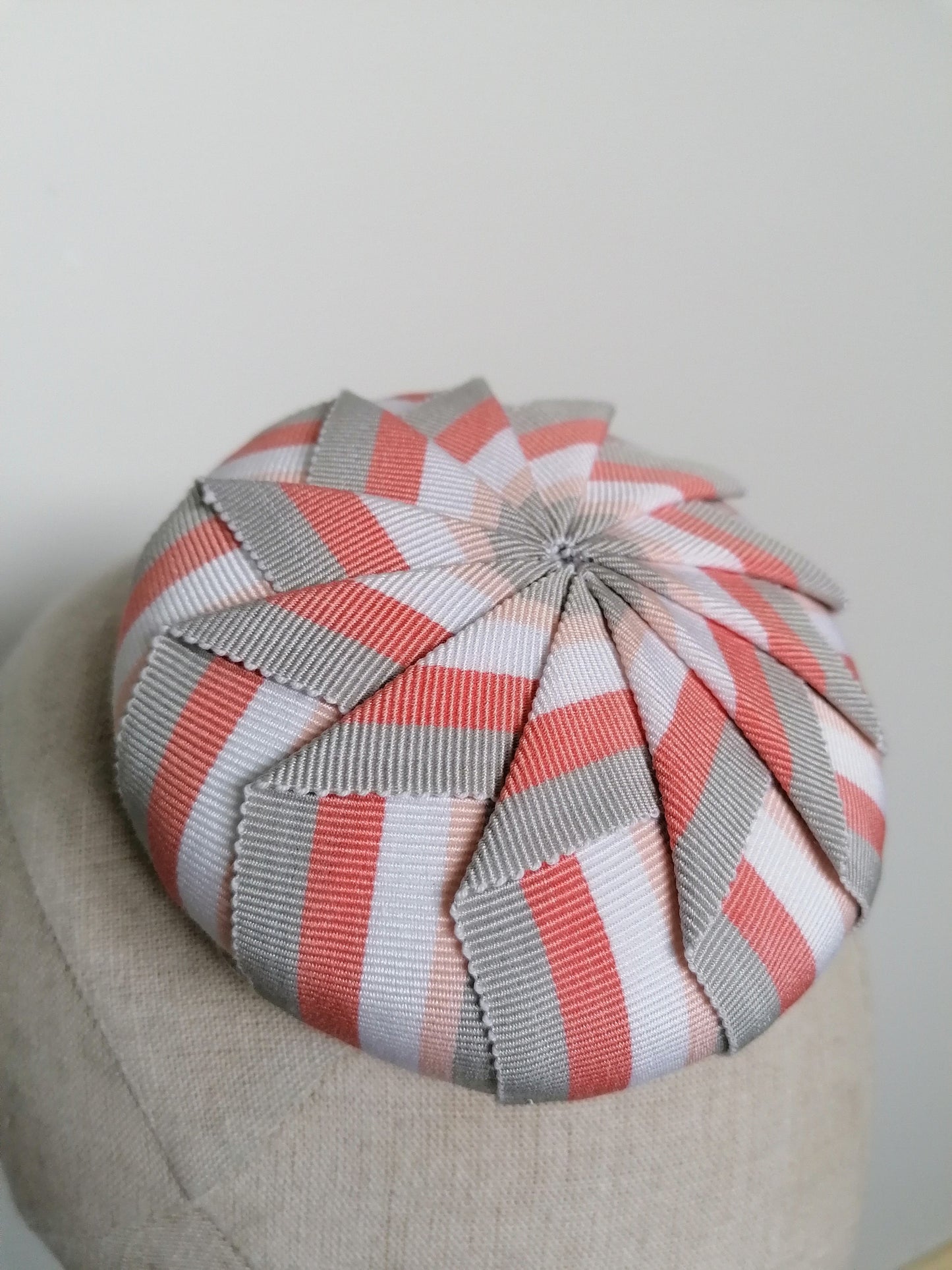 Cockade Pleated Pink and Grey Striped Petersham Cocktail Hat Hand Blocked Mini Hat Millinery Fascinator