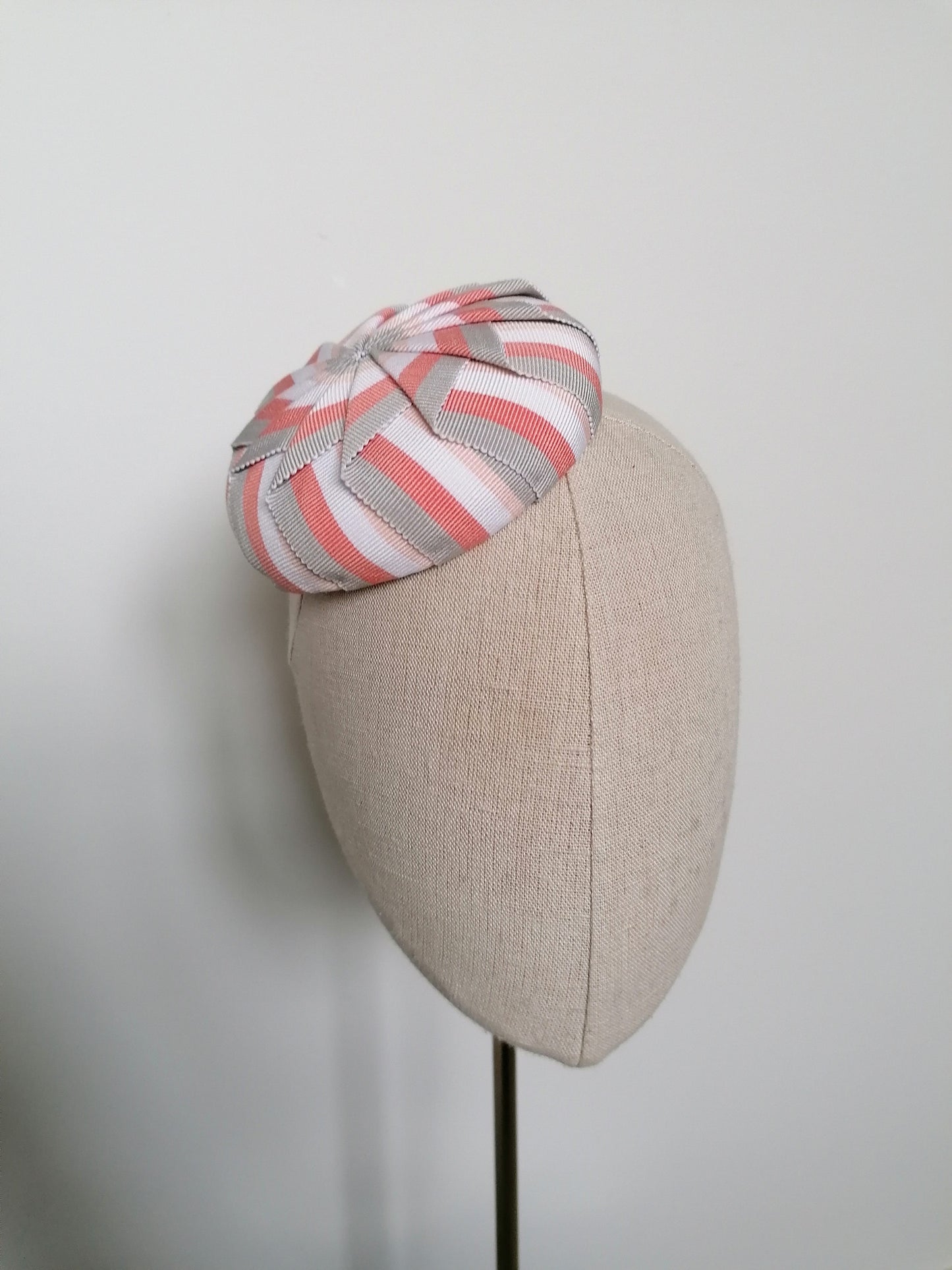 Cockade Pleated Pink and Grey Striped Petersham Cocktail Hat Hand Blocked Mini Hat Millinery Fascinator