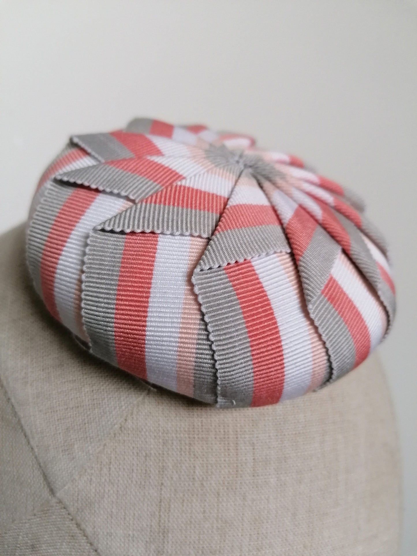 Cockade Pleated Pink and Grey Striped Petersham Cocktail Hat Hand Blocked Mini Hat Millinery Fascinator
