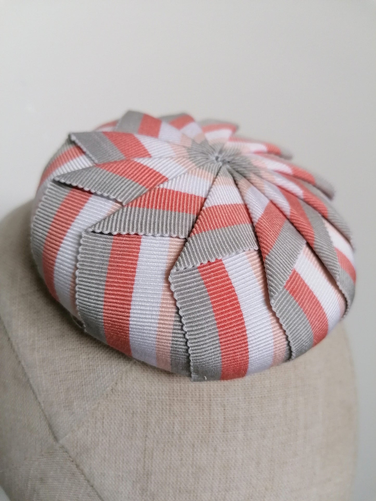 Cockade Pleated Pink and Grey Striped Petersham Cocktail Hat Hand Blocked Mini Hat Millinery Fascinator