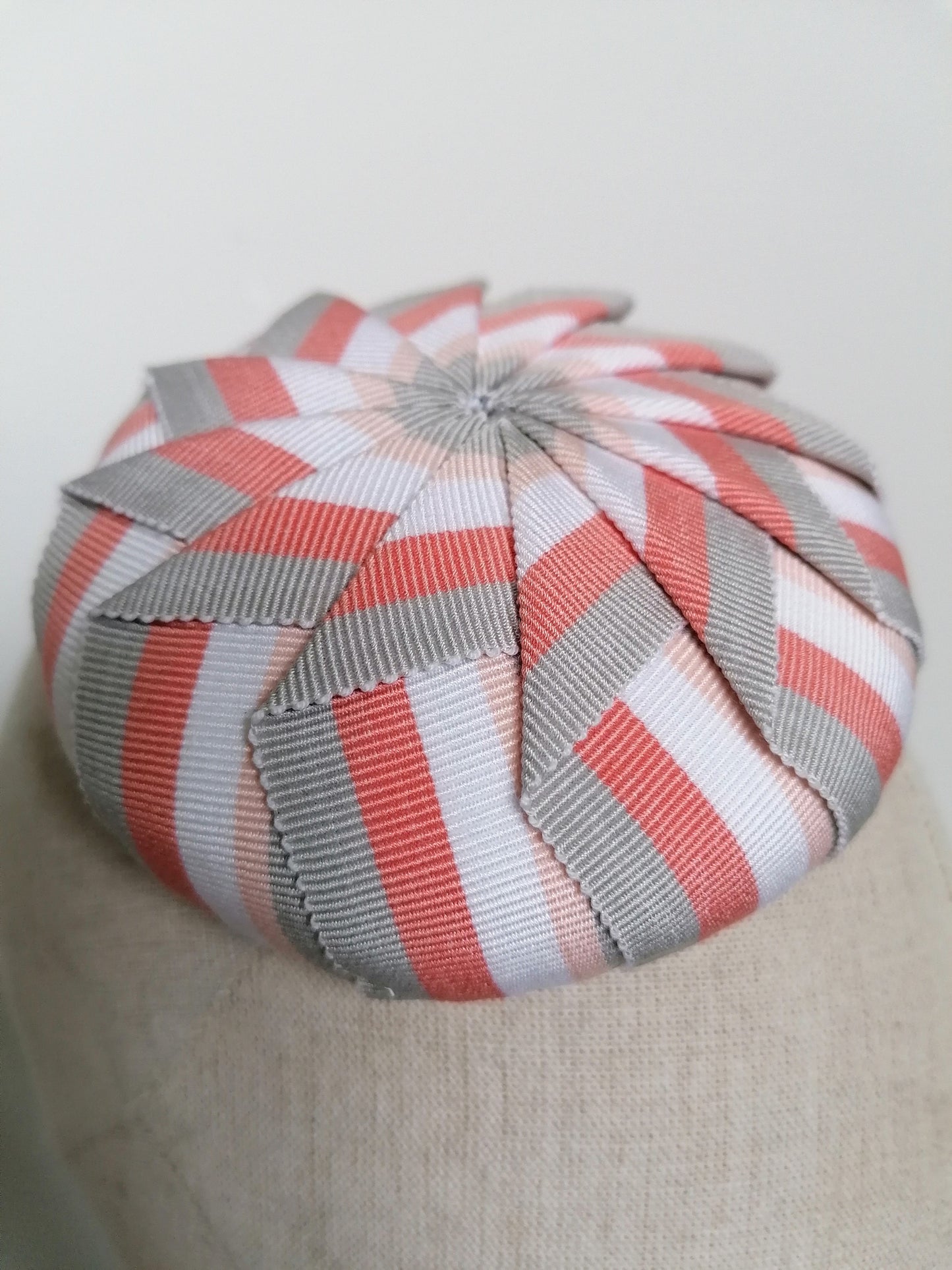 Cockade Pleated Pink and Grey Striped Petersham Cocktail Hat Hand Blocked Mini Hat Millinery Fascinator