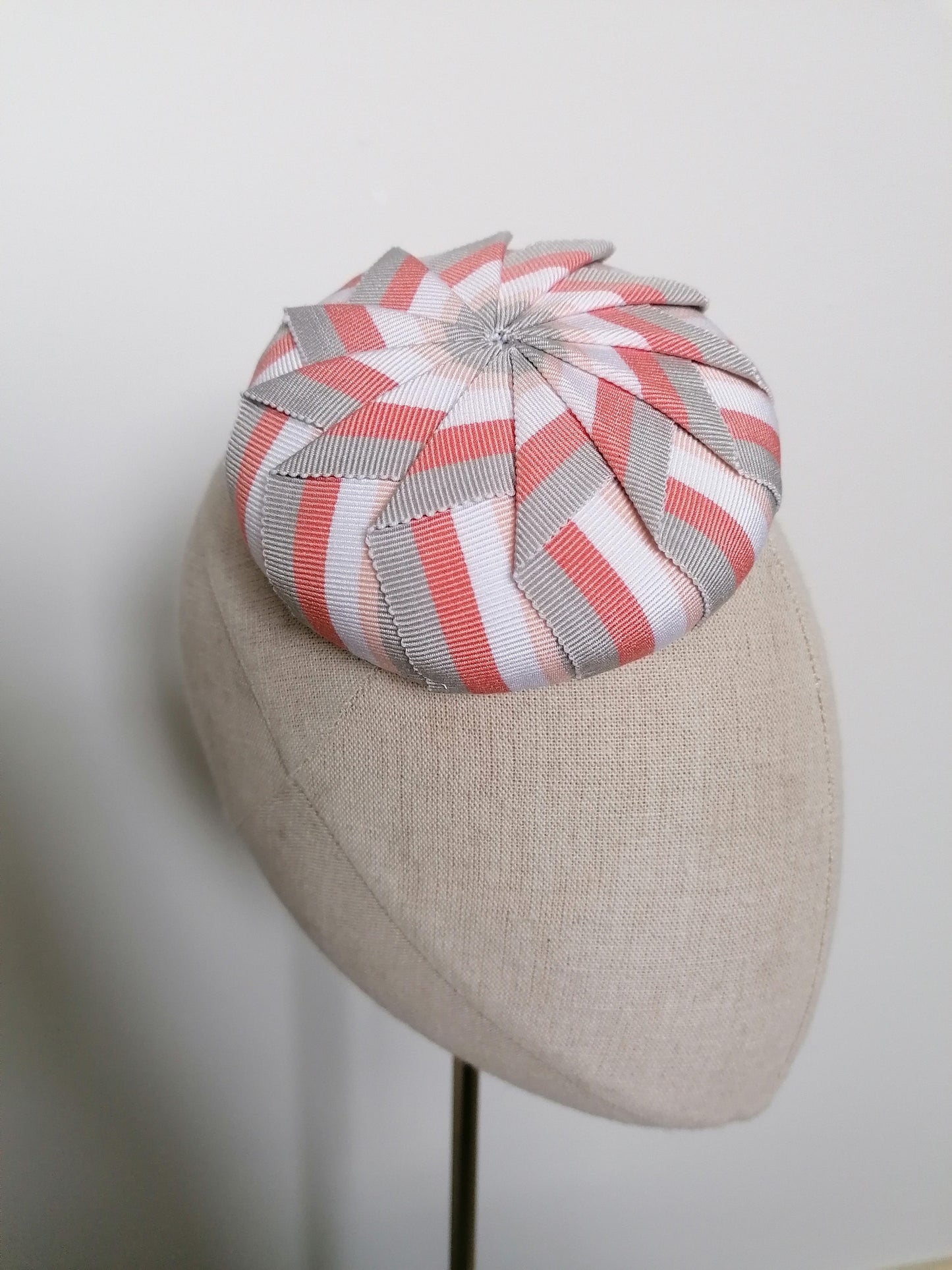 Cockade Pleated Pink and Grey Striped Petersham Cocktail Hat Hand Blocked Mini Hat Millinery Fascinator