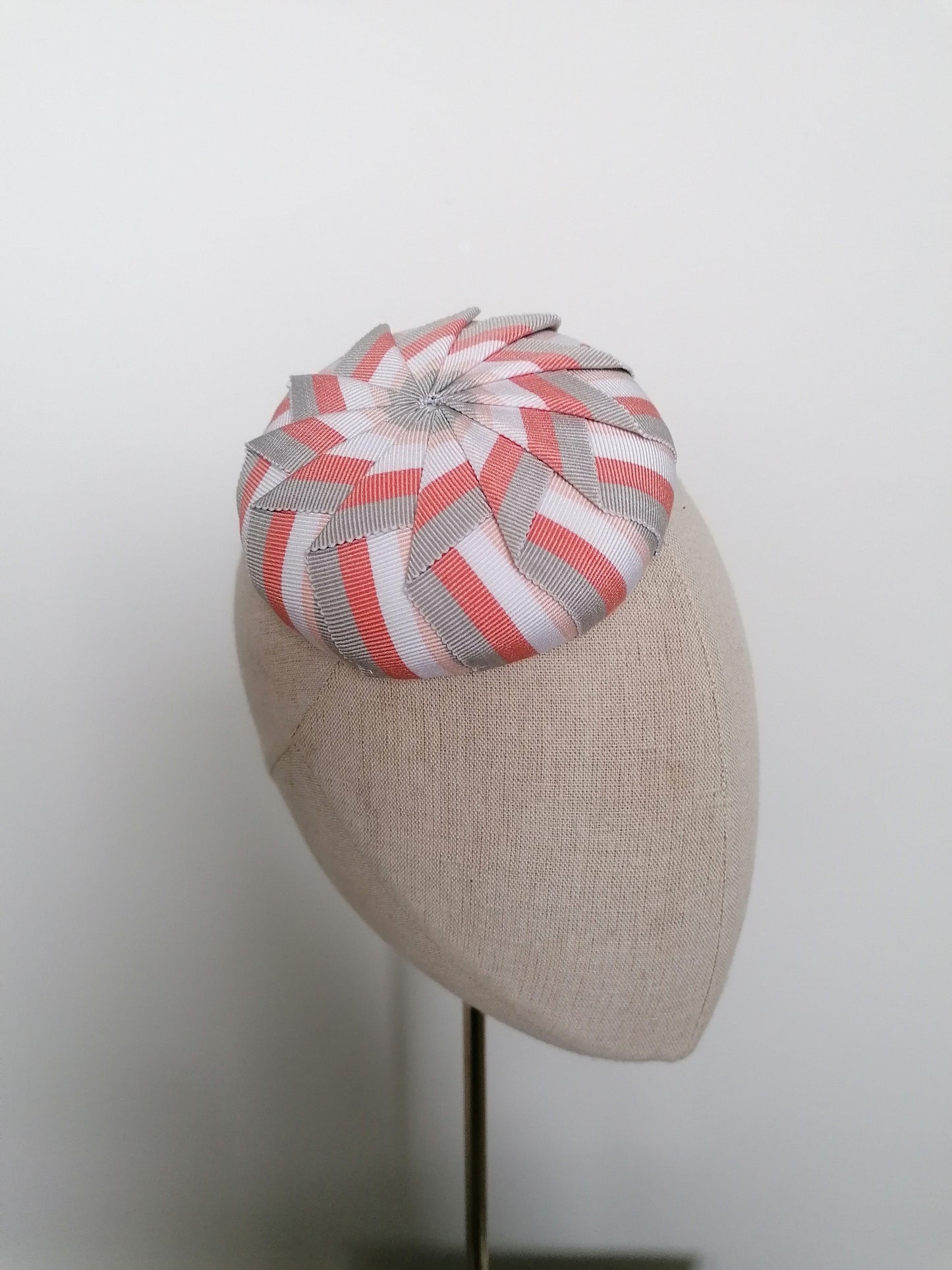 Cockade Pleated Pink and Grey Striped Petersham Cocktail Hat Hand Blocked Mini Hat Millinery Fascinator