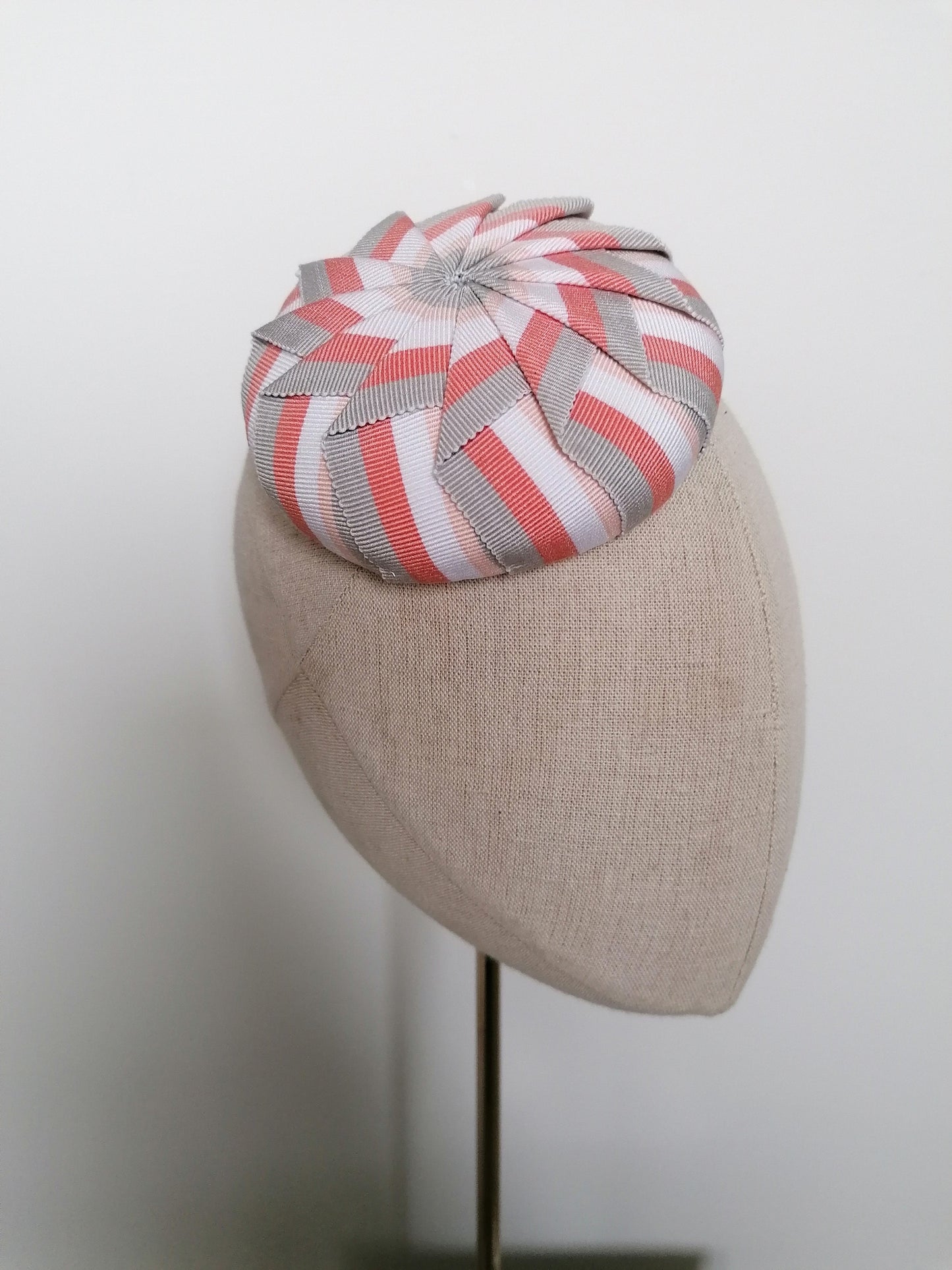 Cockade Pleated Pink and Grey Striped Petersham Cocktail Hat Hand Blocked Mini Hat Millinery Fascinator