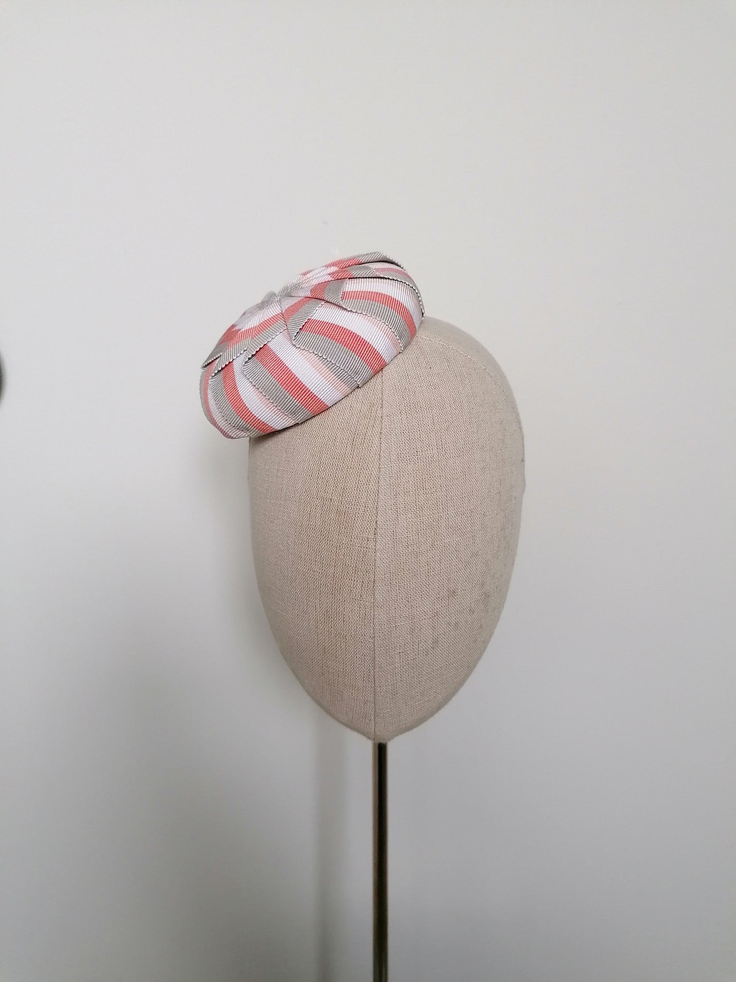 Cockade Pleated Pink and Grey Striped Petersham Cocktail Hat Hand Blocked Mini Hat Millinery Fascinator