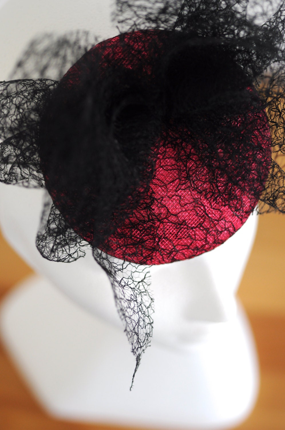 Pink Cocktail Hat Black Mesh Triple Bow Millinery Fascinator