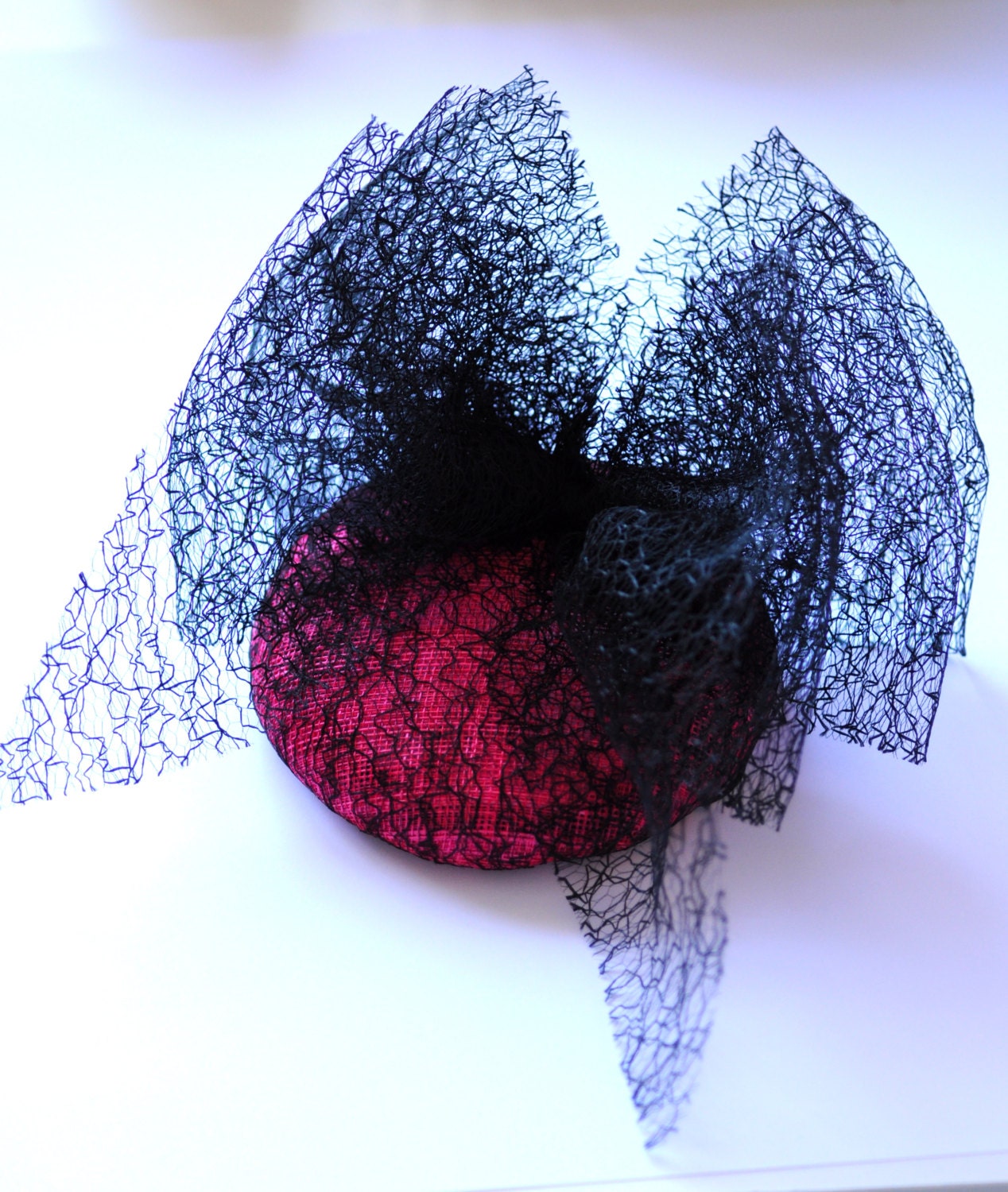 Pink Cocktail Hat Black Mesh Triple Bow Millinery Fascinator