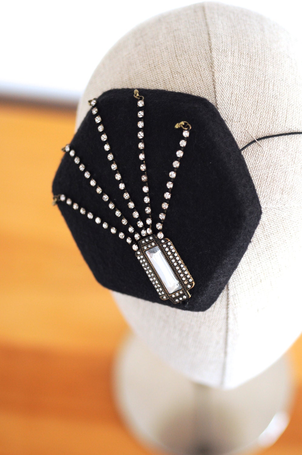 Art Deco Black Cocktail Hat Hexagon Mini Hat Wool Felt Millinery Fascinator