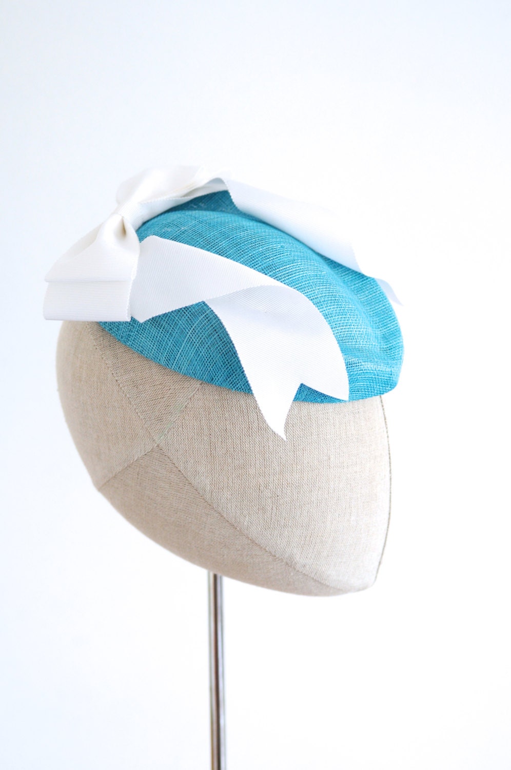 Turquoise Straw Hostess Cocktail Hat White Bow Sinamay Fascinator