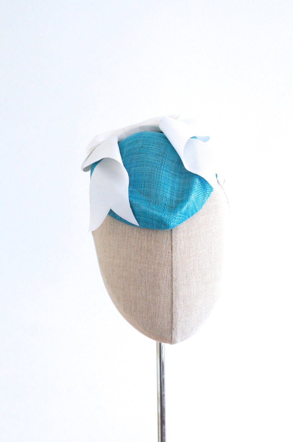 Turquoise Straw Hostess Cocktail Hat White Bow Sinamay Fascinator