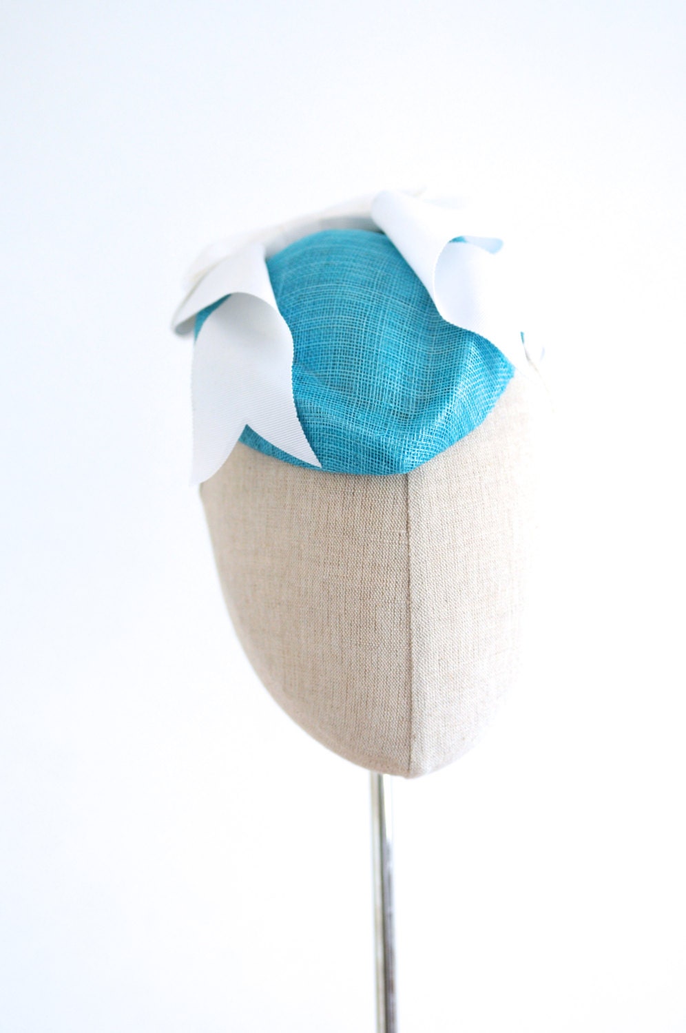 Turquoise Straw Hostess Cocktail Hat White Bow Sinamay Fascinator