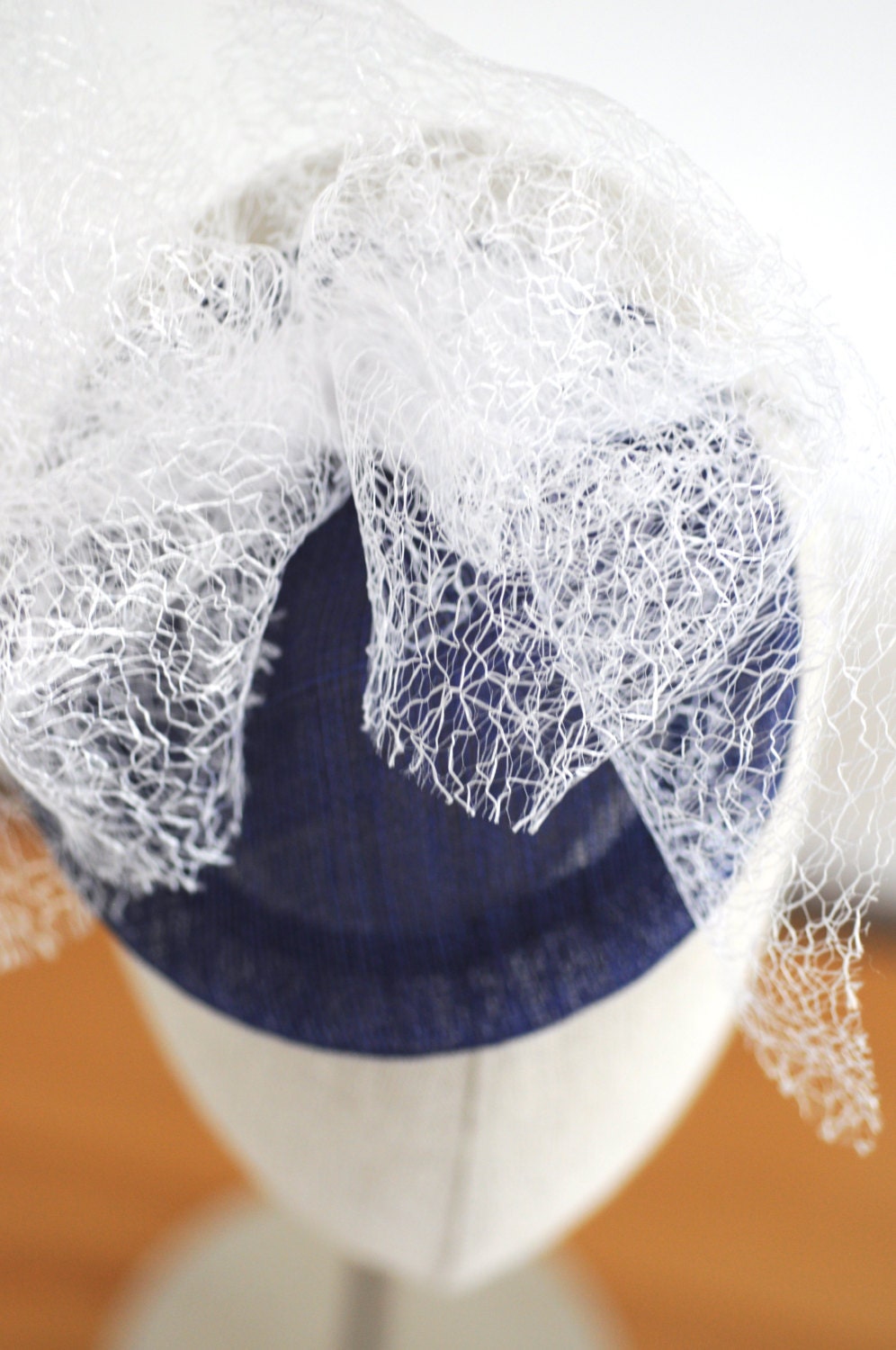 Navy Pyramid Cocktail Hat White Mesh Bow Millinery Fascinator